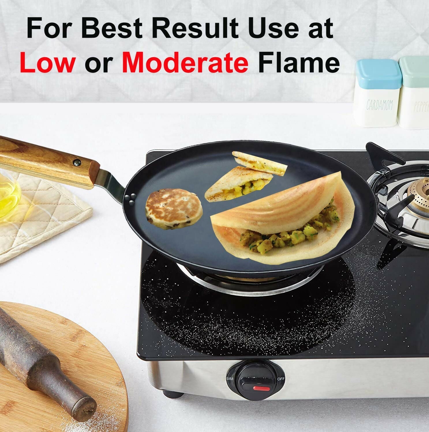 Amicus Pure Iron Tawa for Dosa Roti Chapati Paratha, Flat Iron Dosa Tava with Wooden Handle