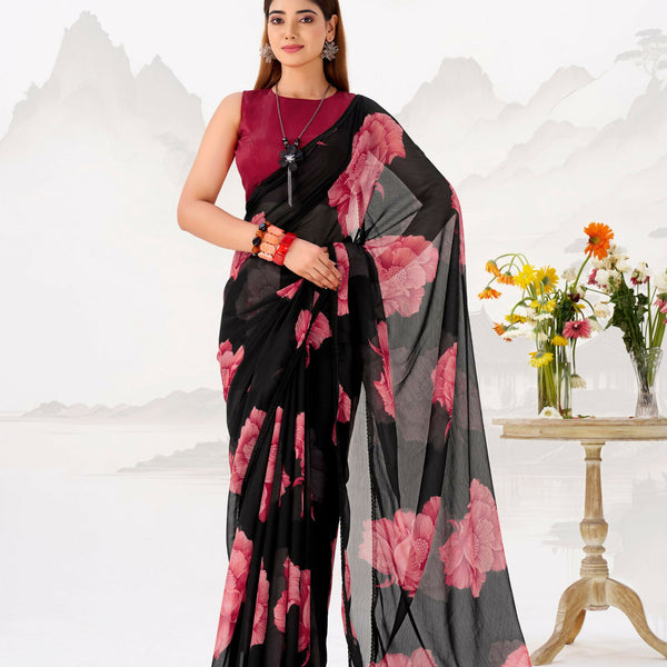 Vastranavya Black Floral Print with Lace Border work Chiffon Saree & Unstitched Blouse - Distacart