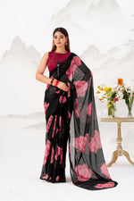 Thumbnail for Vastranavya Black Floral Print with Lace Border work Chiffon Saree & Unstitched Blouse - Distacart