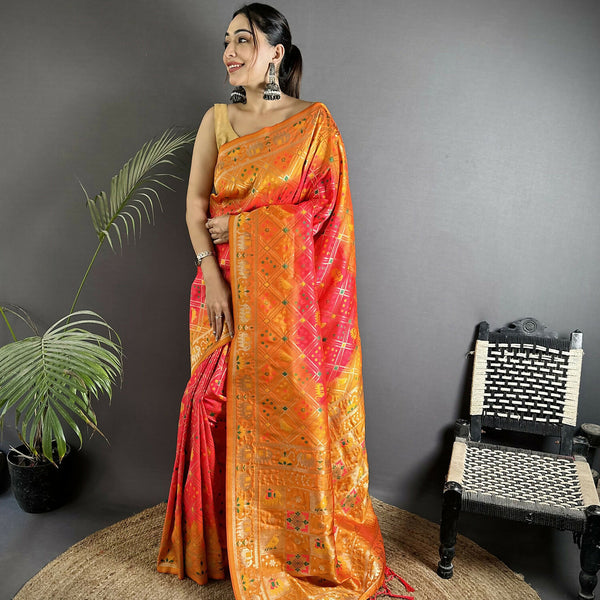 Joban Fashion Pastel Orange Geometric Pattern Soft Silk Patola Saree - Distacart