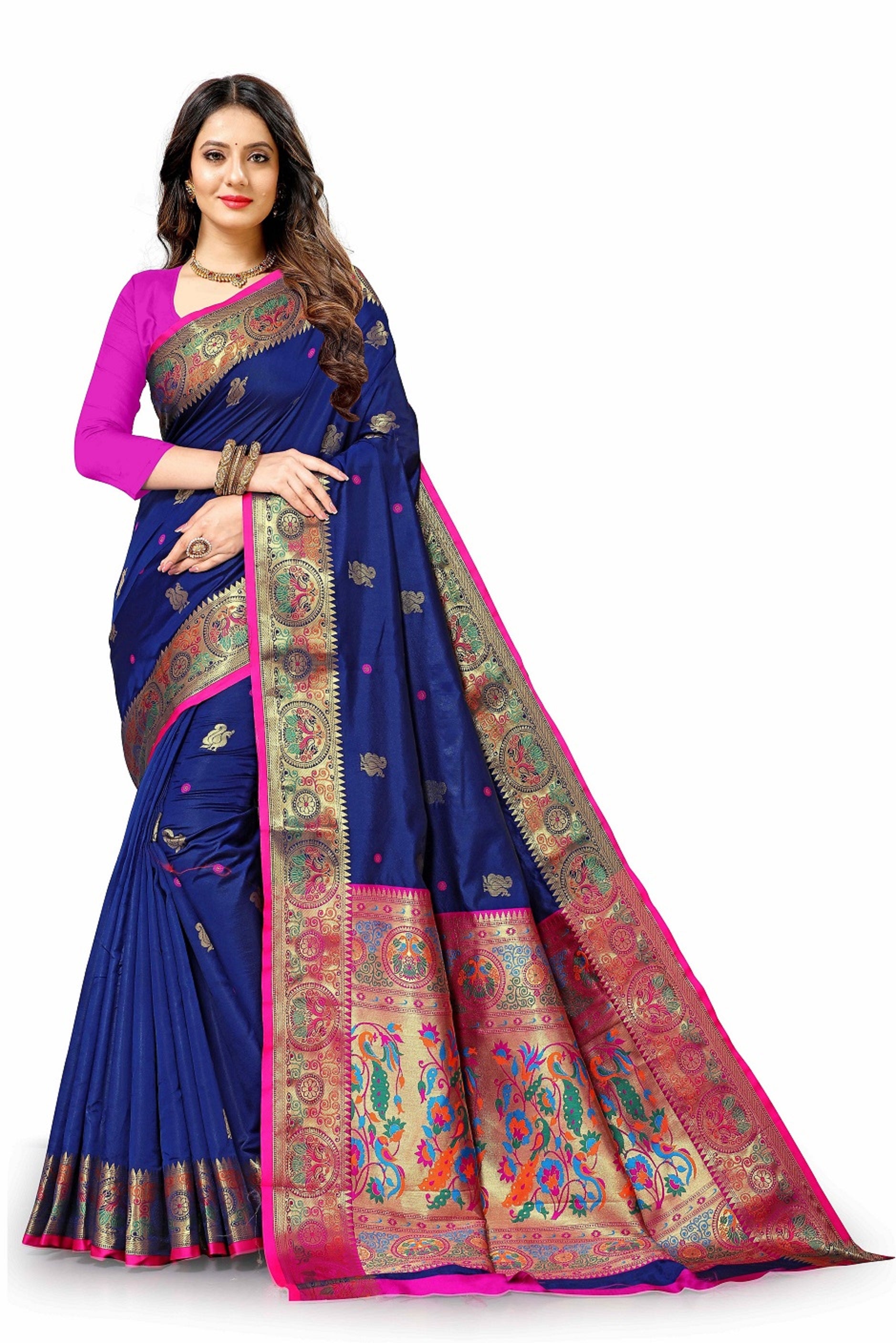 Vedant Vastram Soft Litchi Silk Paithani Silk Saree - Navy - Distacart