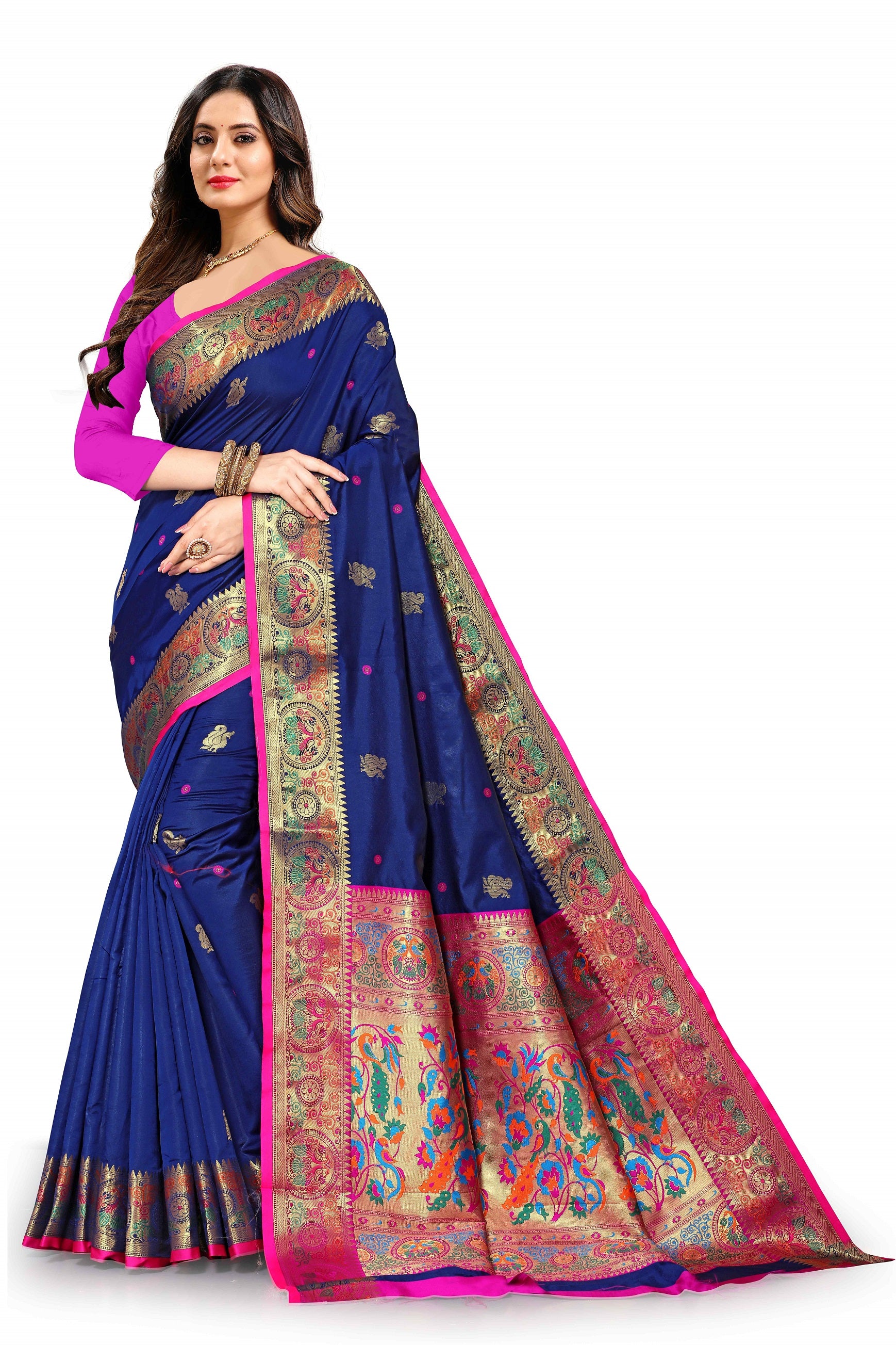 Vedant Vastram Soft Litchi Silk Paithani Silk Saree - Navy - Distacart