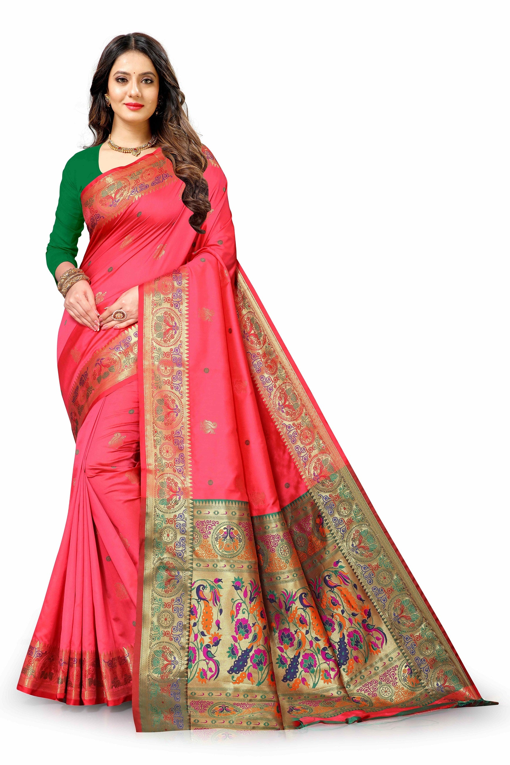 Vedant Vastram Soft Litchi Silk Paithani Silk Saree - Peach - Distacart