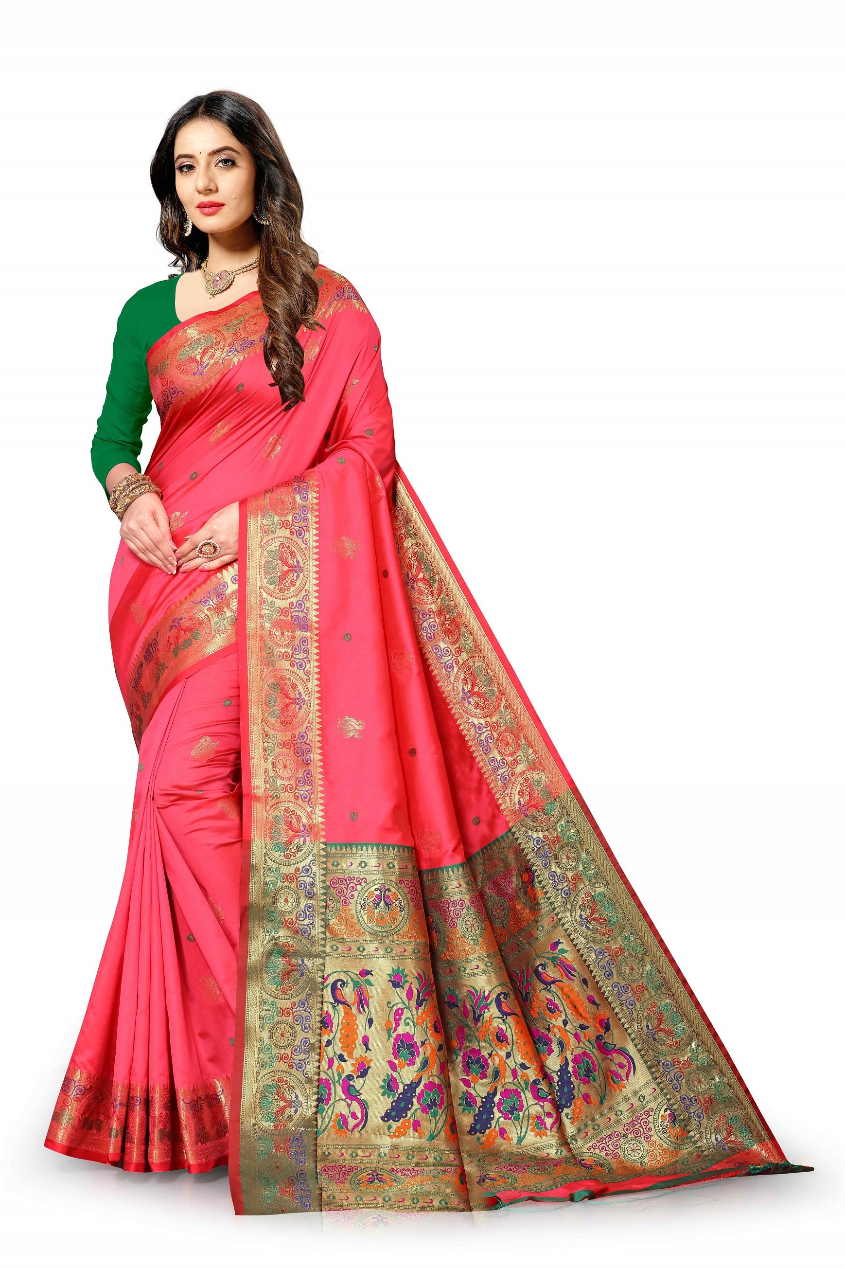 Vedant Vastram Soft Litchi Silk Paithani Silk Saree - Peach - Distacart