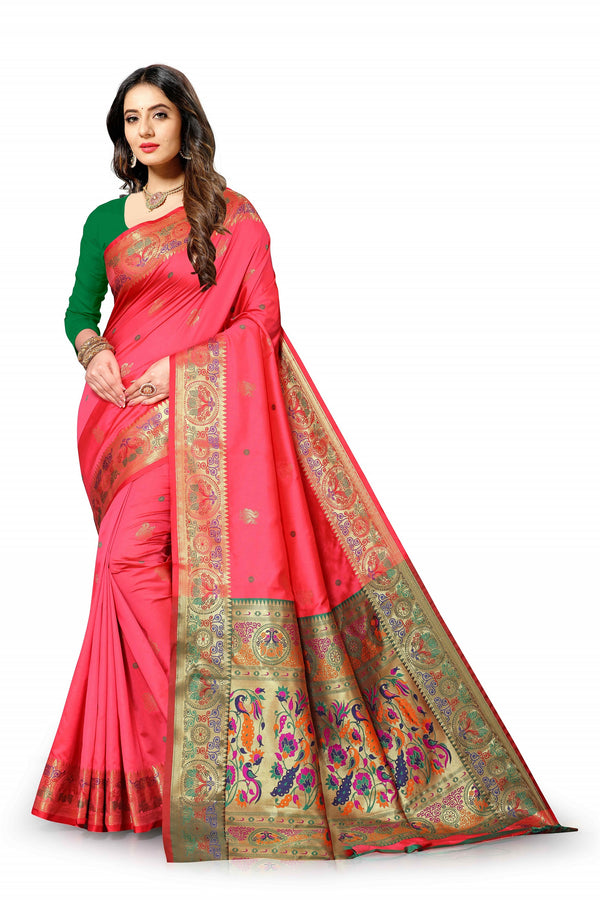 Vedant Vastram Soft Litchi Silk Paithani Silk Saree - Peach - Distacart