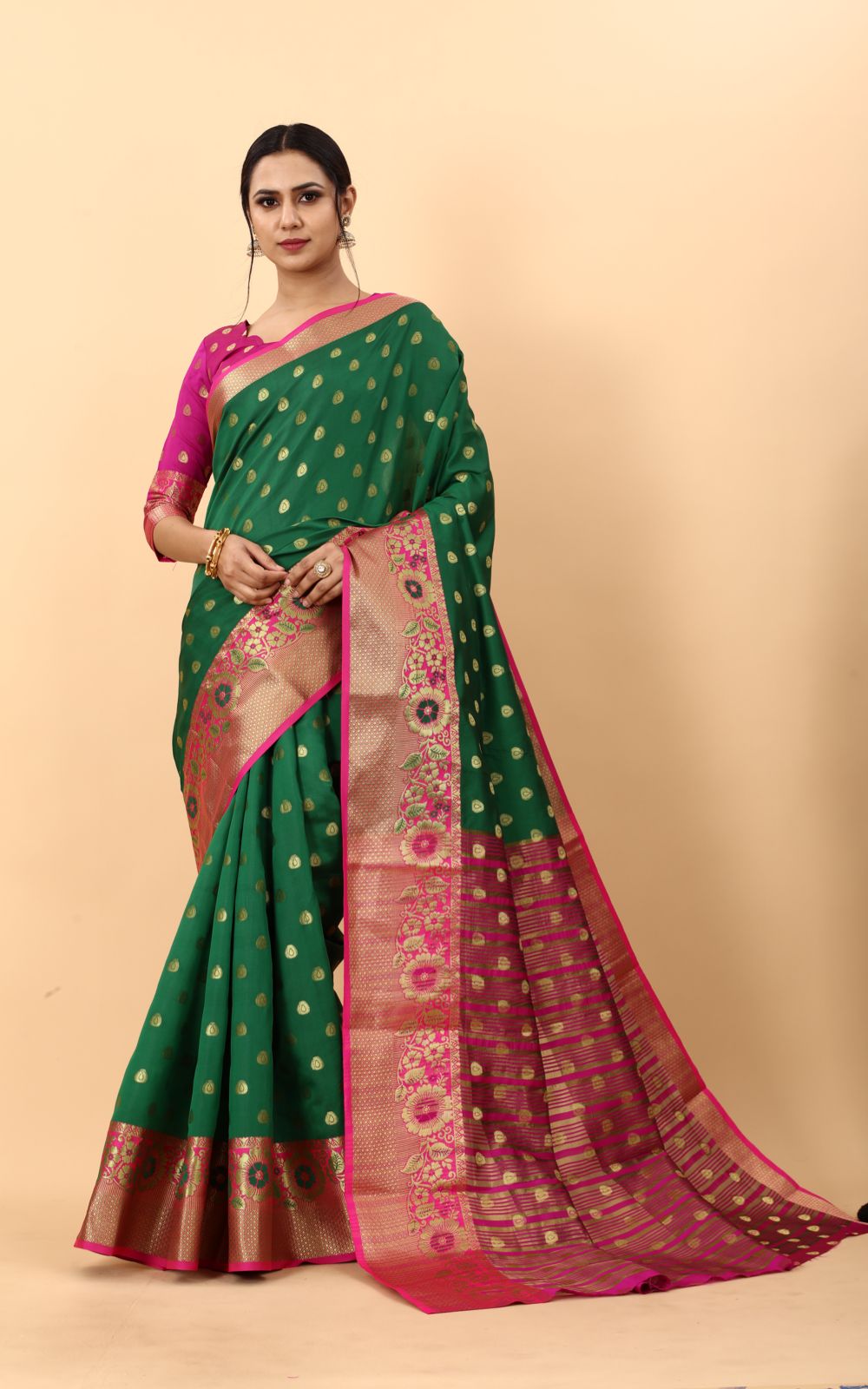 Vedant Vastram Soft Litchi Silk Kanjeevaram Saree - Green - Distacart