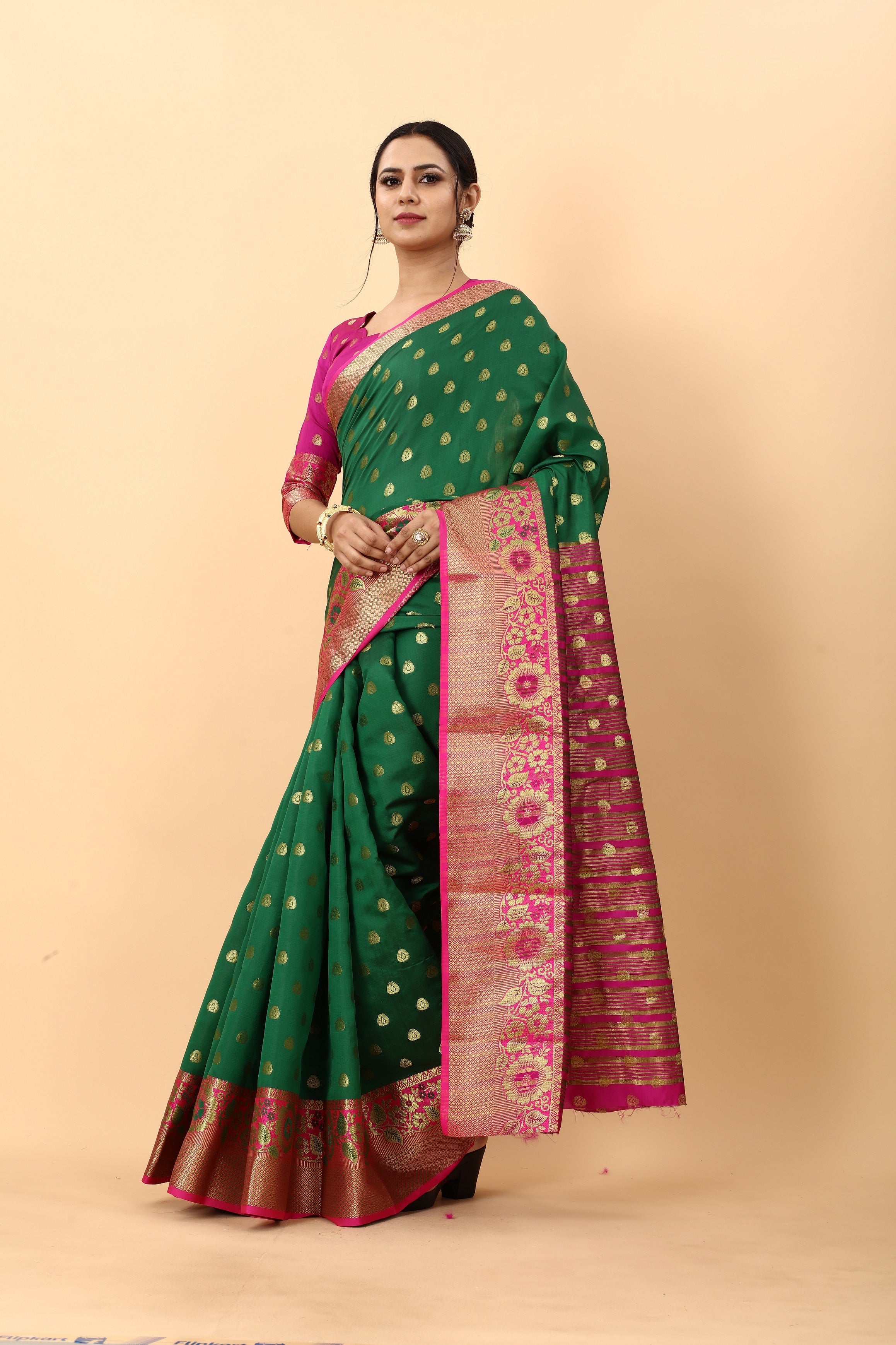 Vedant Vastram Soft Litchi Silk Kanjeevaram Saree - Green - Distacart