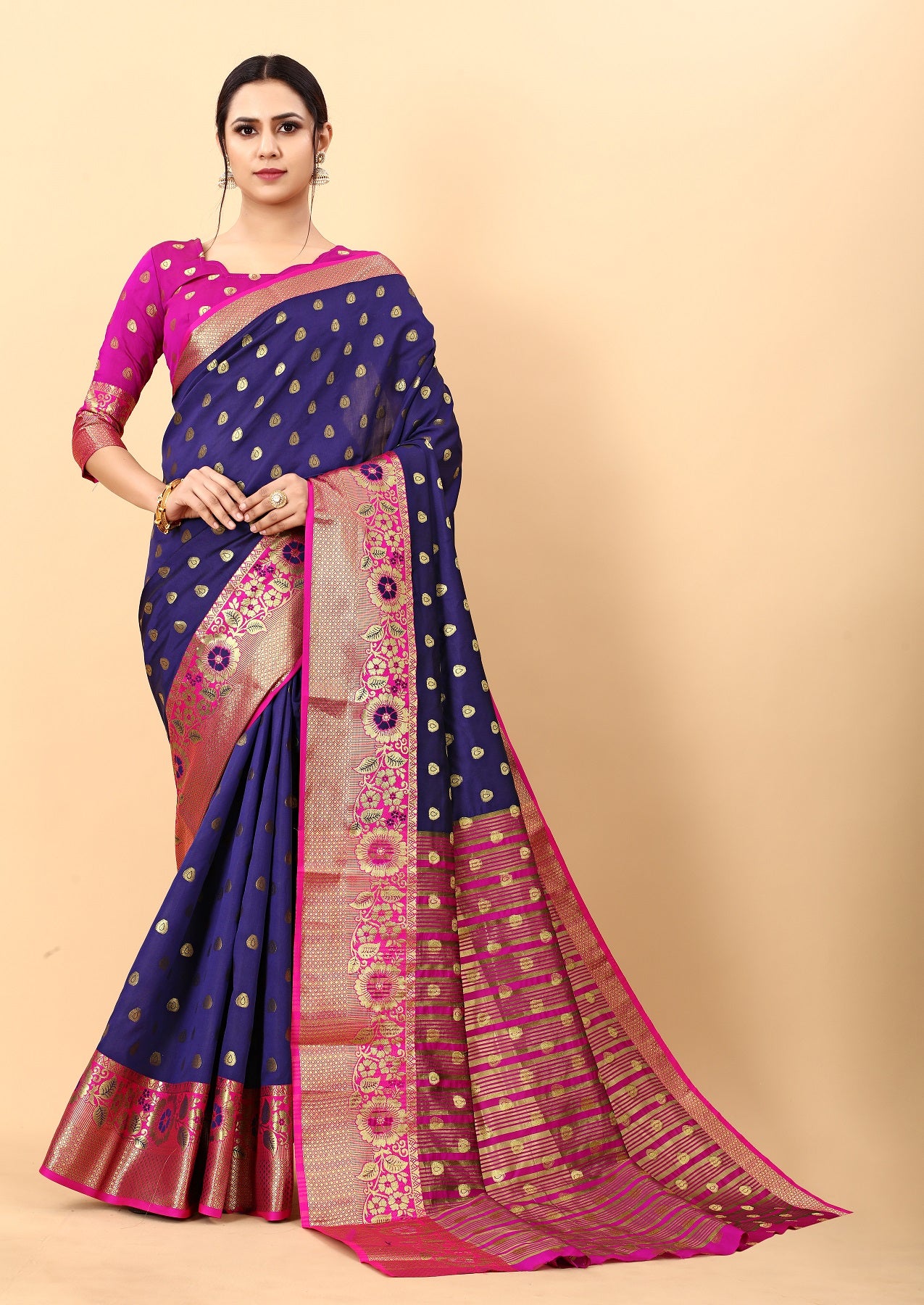 Vedant Vastram Soft Litchi Silk Kanjeevaram Saree - Navy - Distacart