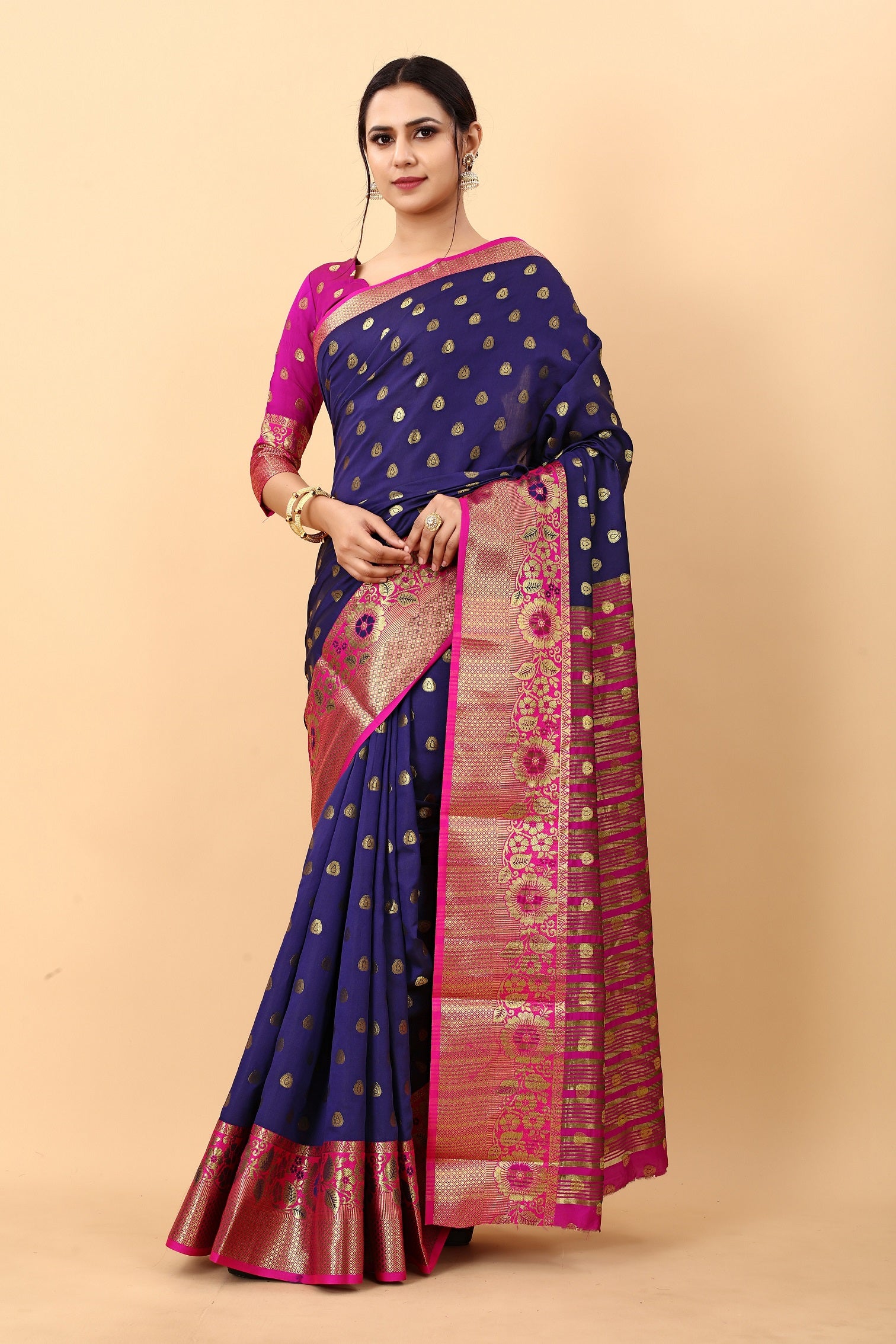 Vedant Vastram Soft Litchi Silk Kanjeevaram Saree - Navy - Distacart