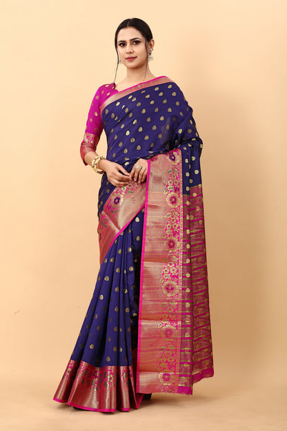 Vedant Vastram Soft Litchi Silk Kanjeevaram Saree - Navy - Distacart
