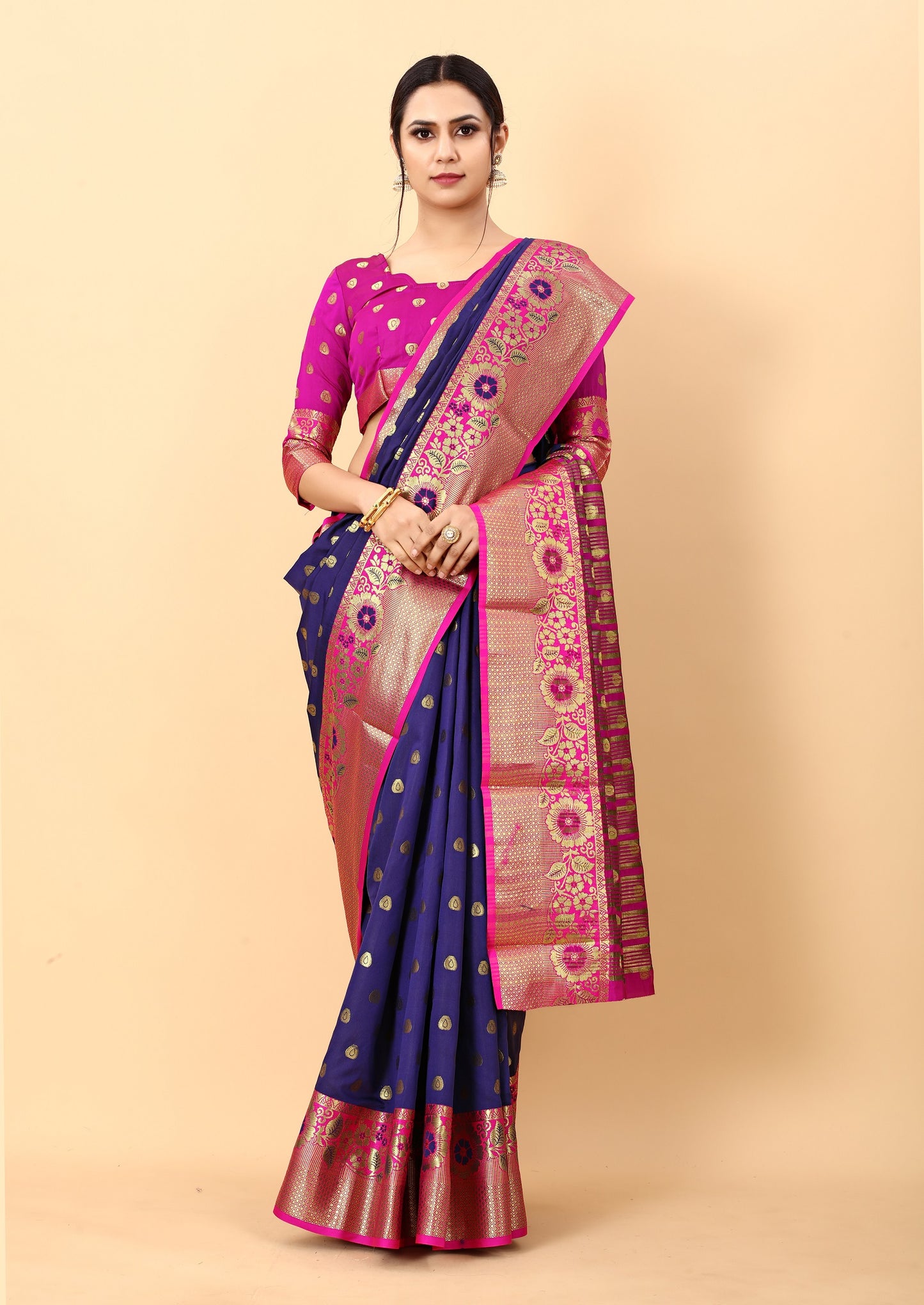 Vedant Vastram Soft Litchi Silk Kanjeevaram Saree - Navy - Distacart