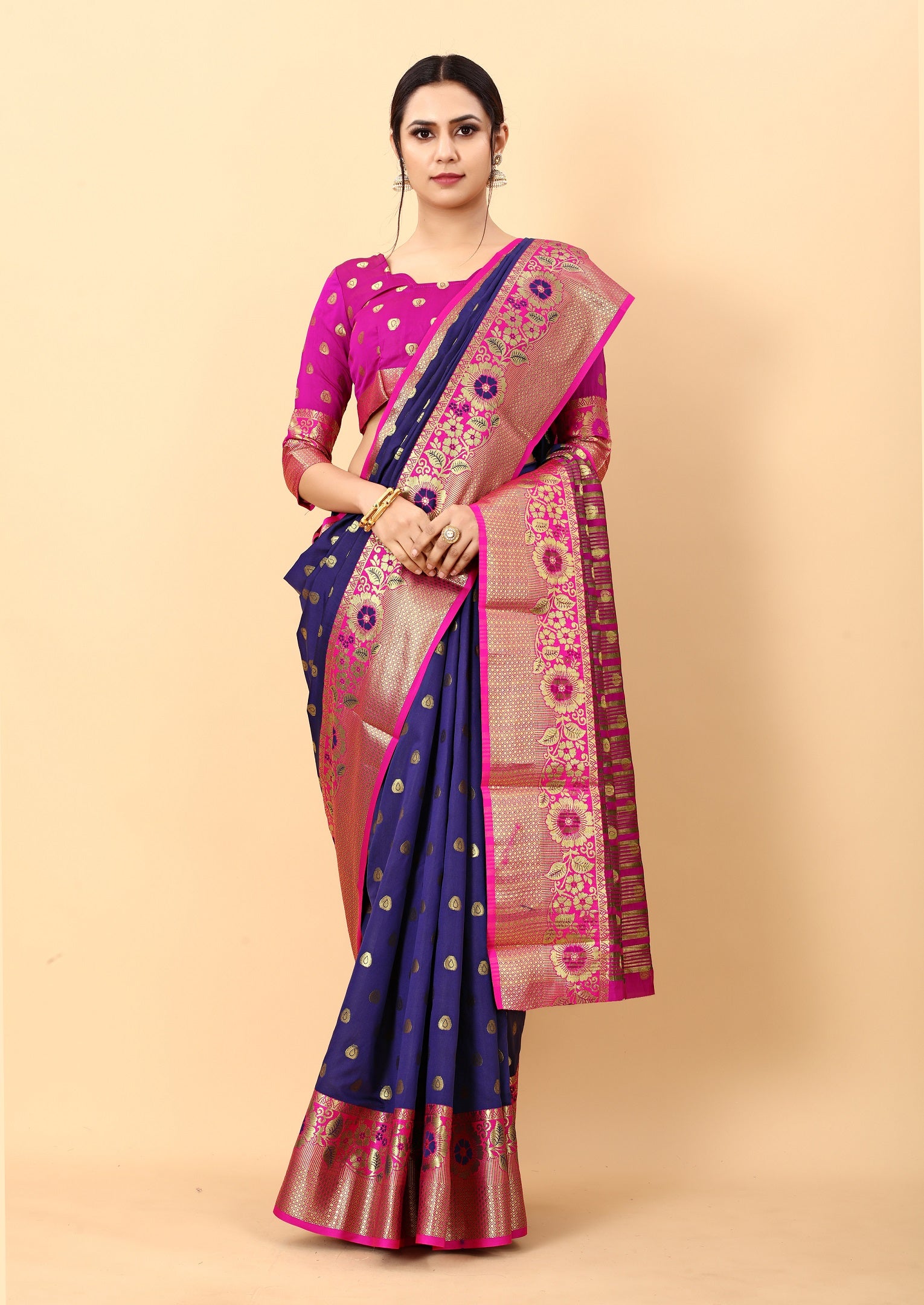 Vedant Vastram Soft Litchi Silk Kanjeevaram Saree - Navy - Distacart