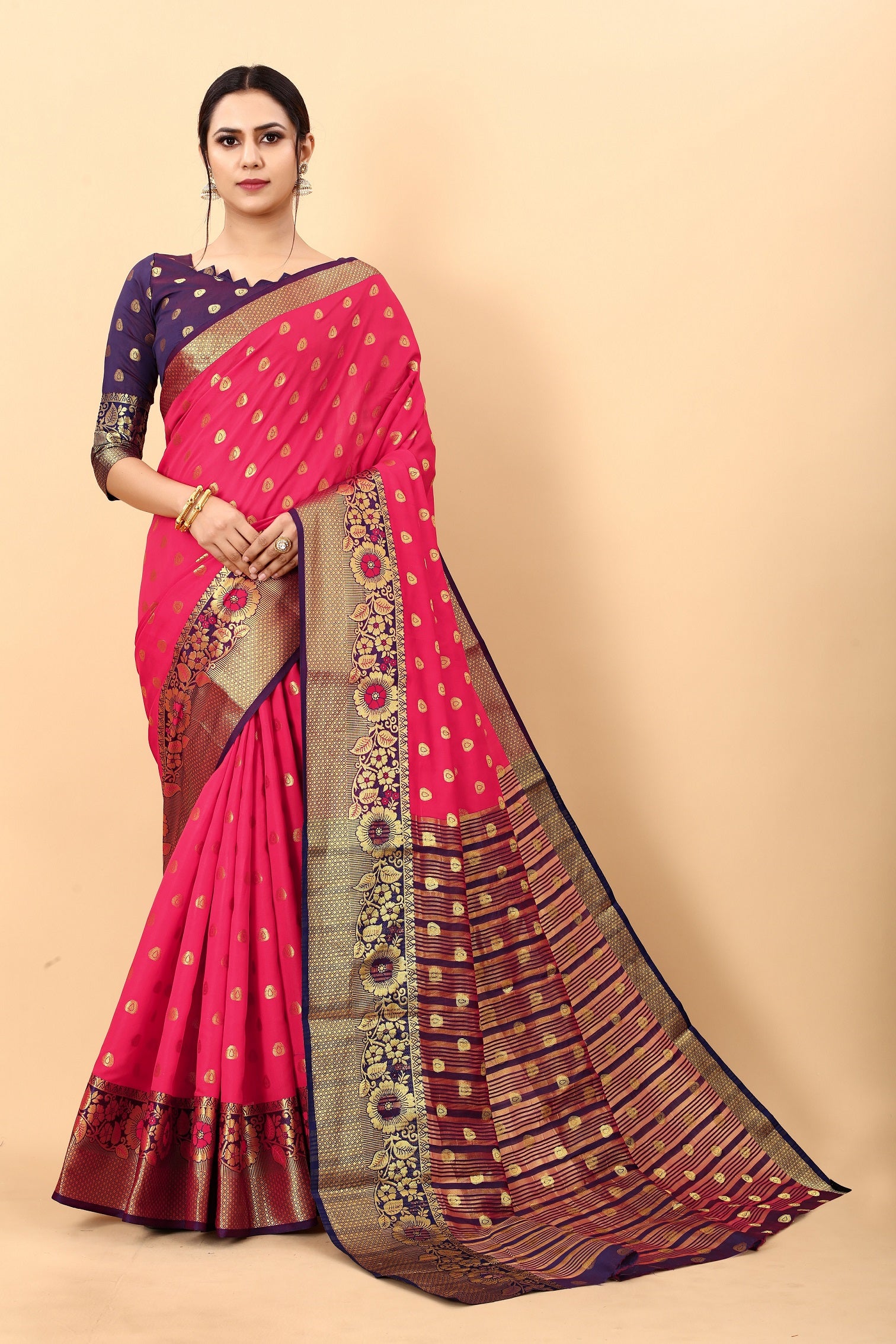 Vedant Vastram Soft Litchi Silk Kanjeevaram Saree - Pink - Distacart