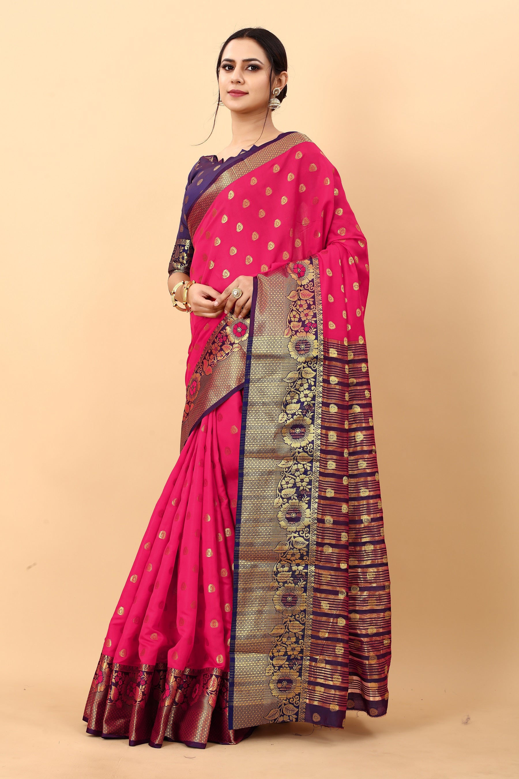 Vedant Vastram Soft Litchi Silk Kanjeevaram Saree - Pink - Distacart