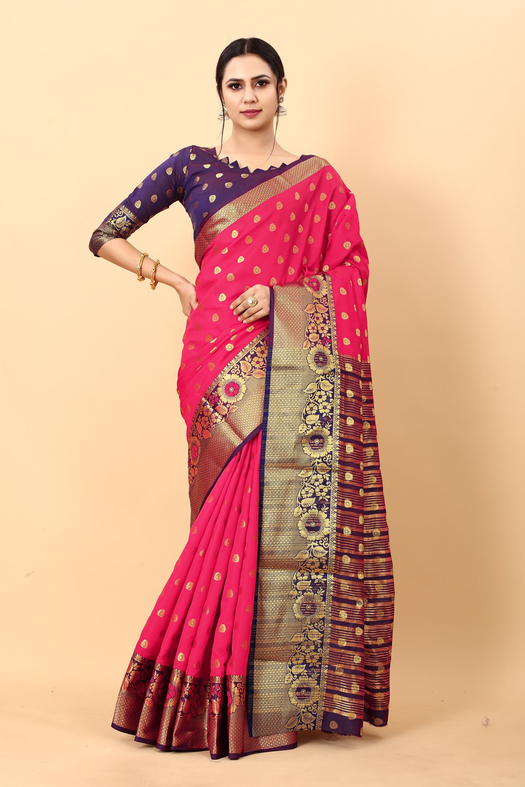 Vedant Vastram Soft Litchi Silk Kanjeevaram Saree - Pink - Distacart