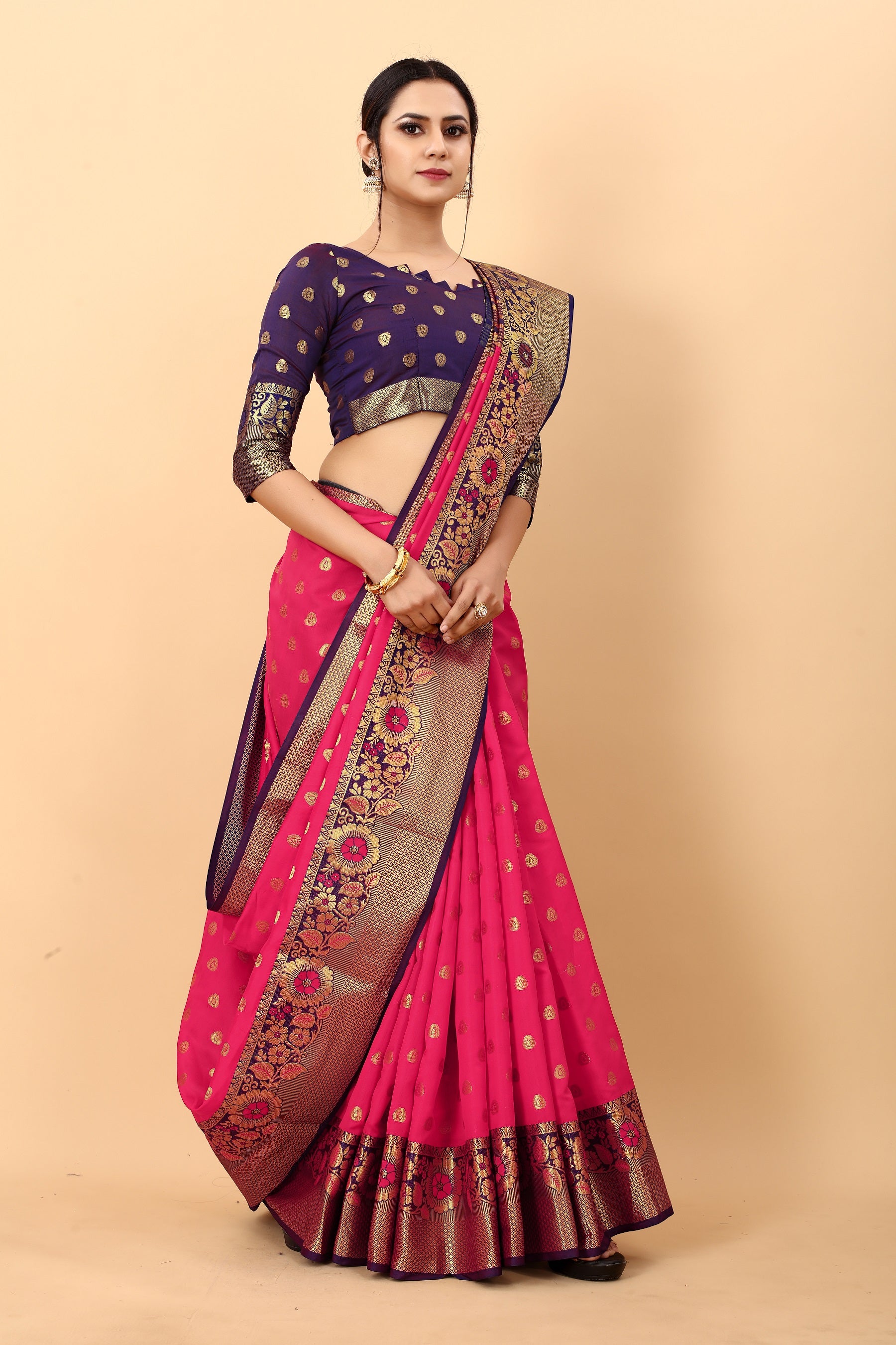 Vedant Vastram Soft Litchi Silk Kanjeevaram Saree - Pink - Distacart