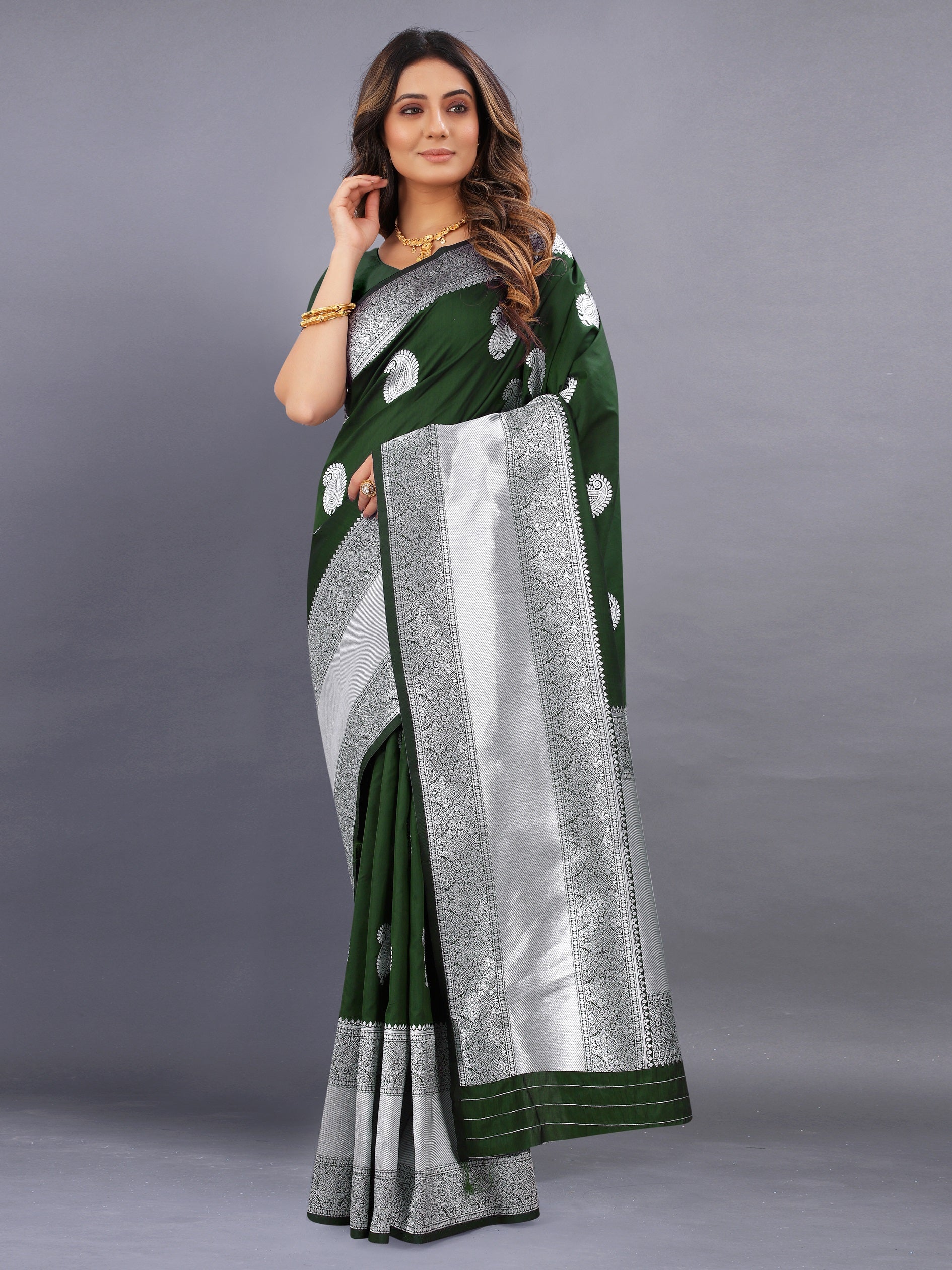 Vedant Vastram Soft Litchi Silk Banarasi Silk Saree - Mehndi - Distacart