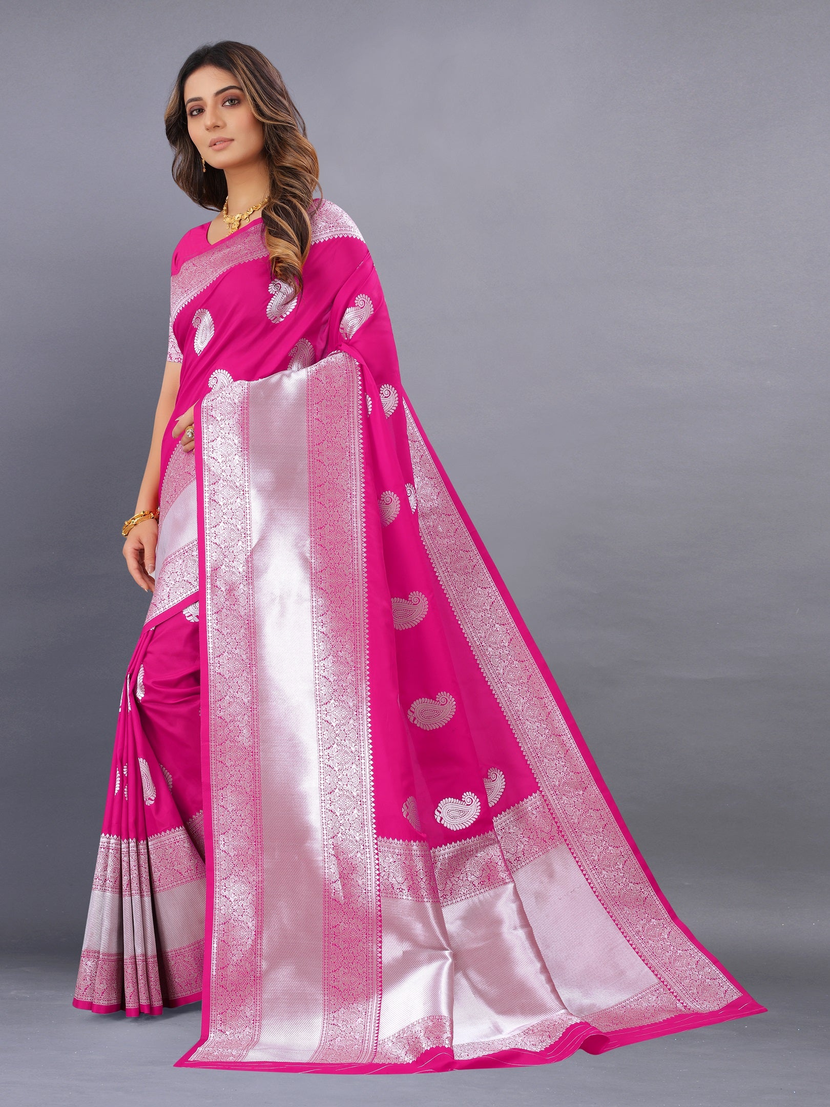 Vedant Vastram Soft Litchi Silk Banarasi Silk Saree - Pink - Distacart