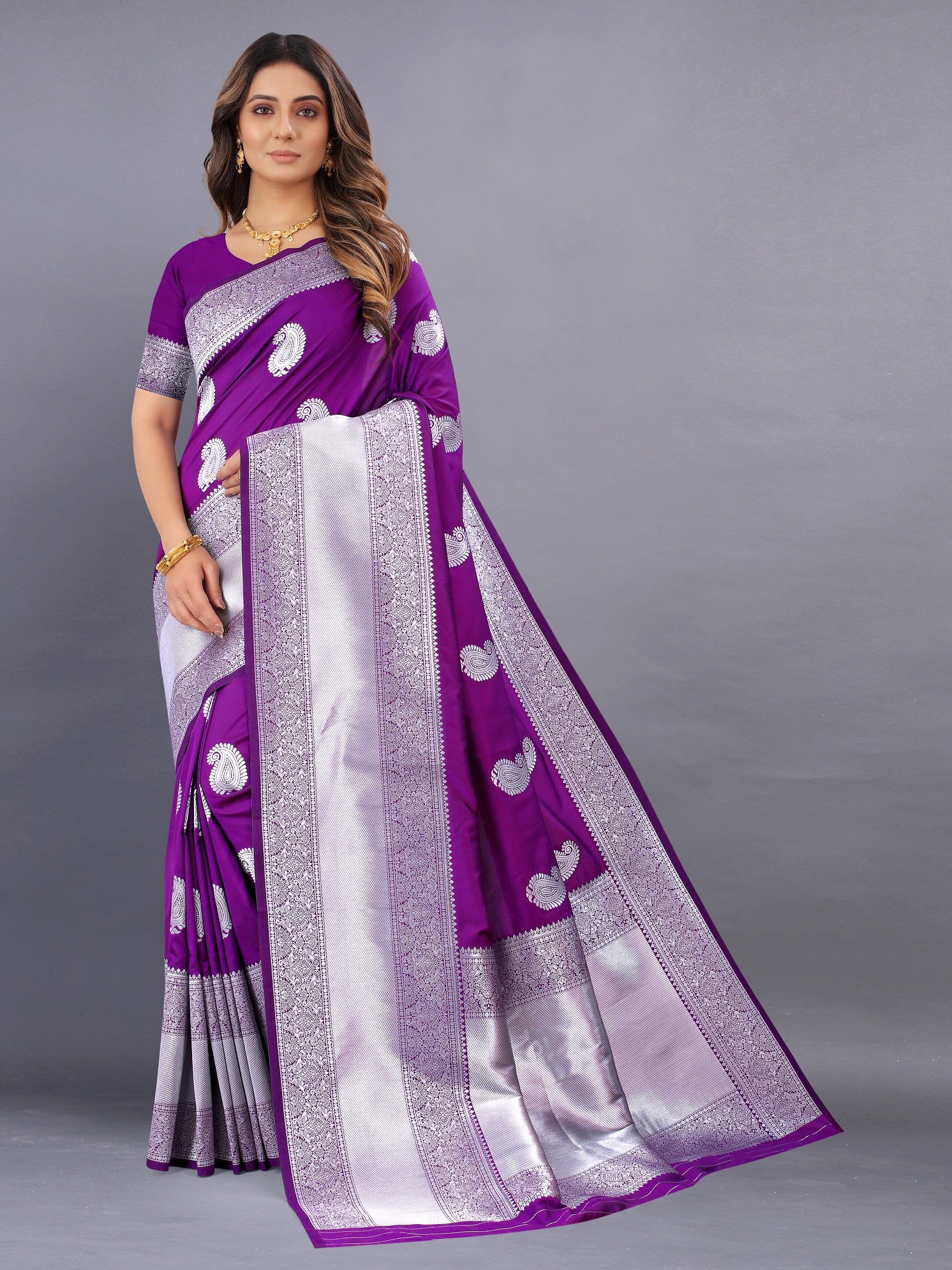 Vedant Vastram Soft Litchi Silk Banarasi Silk Saree - Purple - Distacart