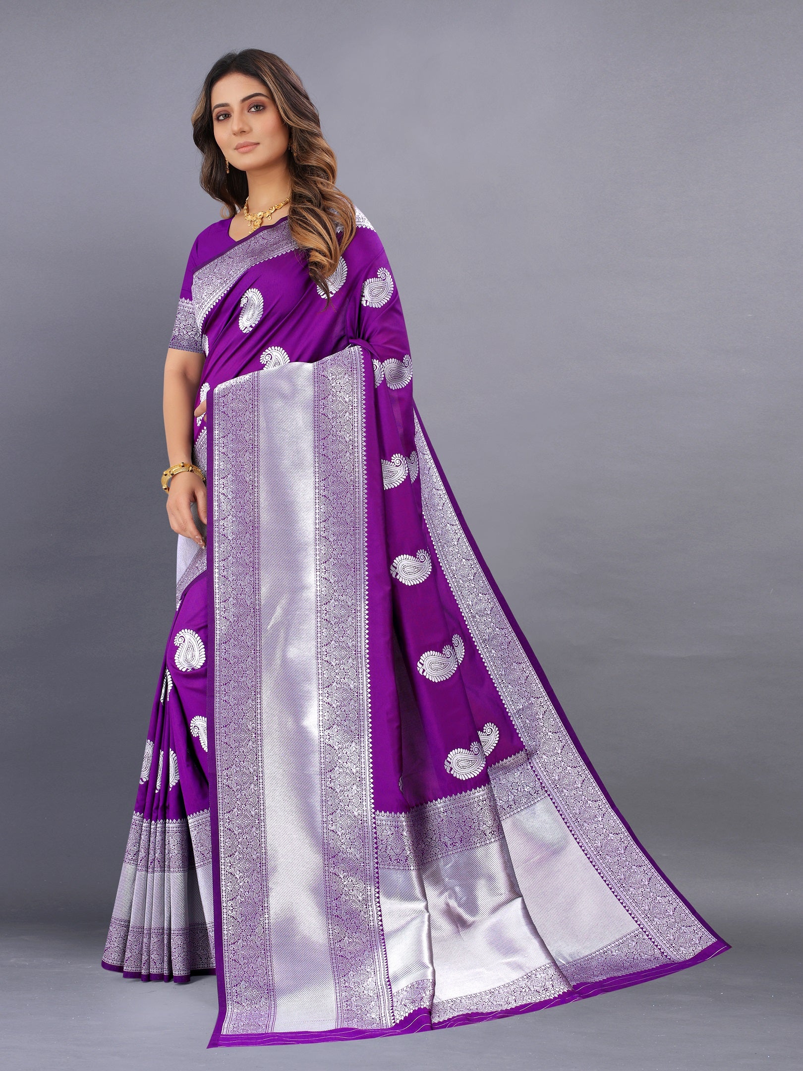 Vedant Vastram Soft Litchi Silk Banarasi Silk Saree - Purple - Distacart