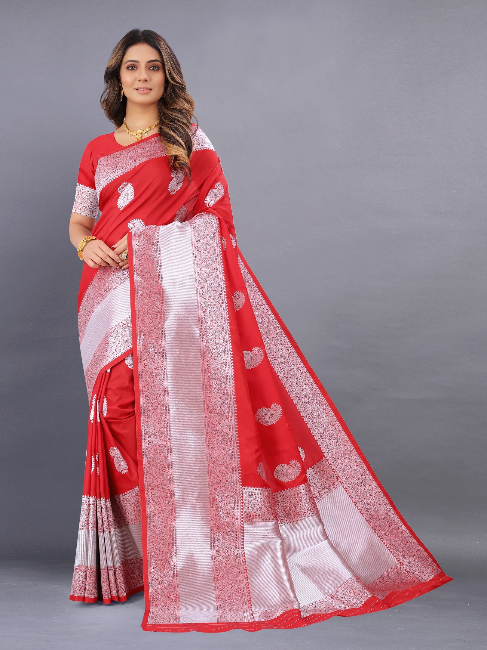 Vedant Vastram Soft Litchi Silk Banarasi Silk Saree - Red - Distacart