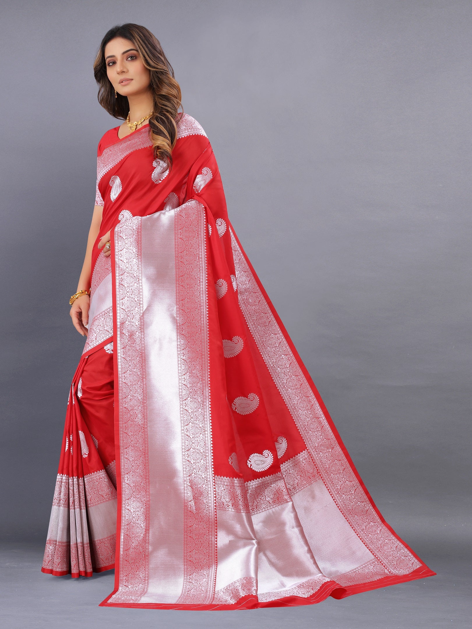 Vedant Vastram Soft Litchi Silk Banarasi Silk Saree - Red - Distacart