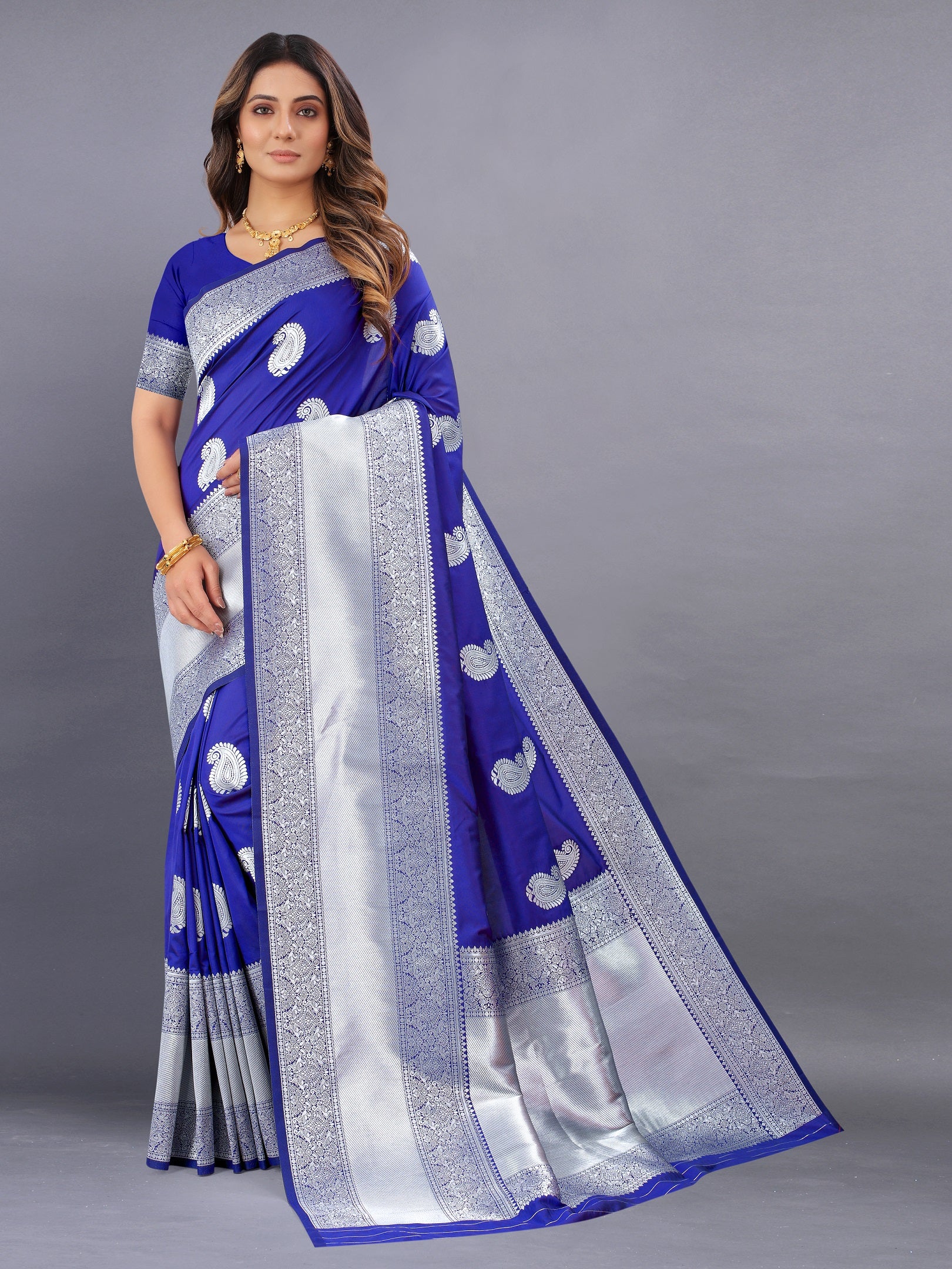 Vedant Vastram Soft Litchi Silk Banarasi Silk Saree - Royal Blue - Distacart