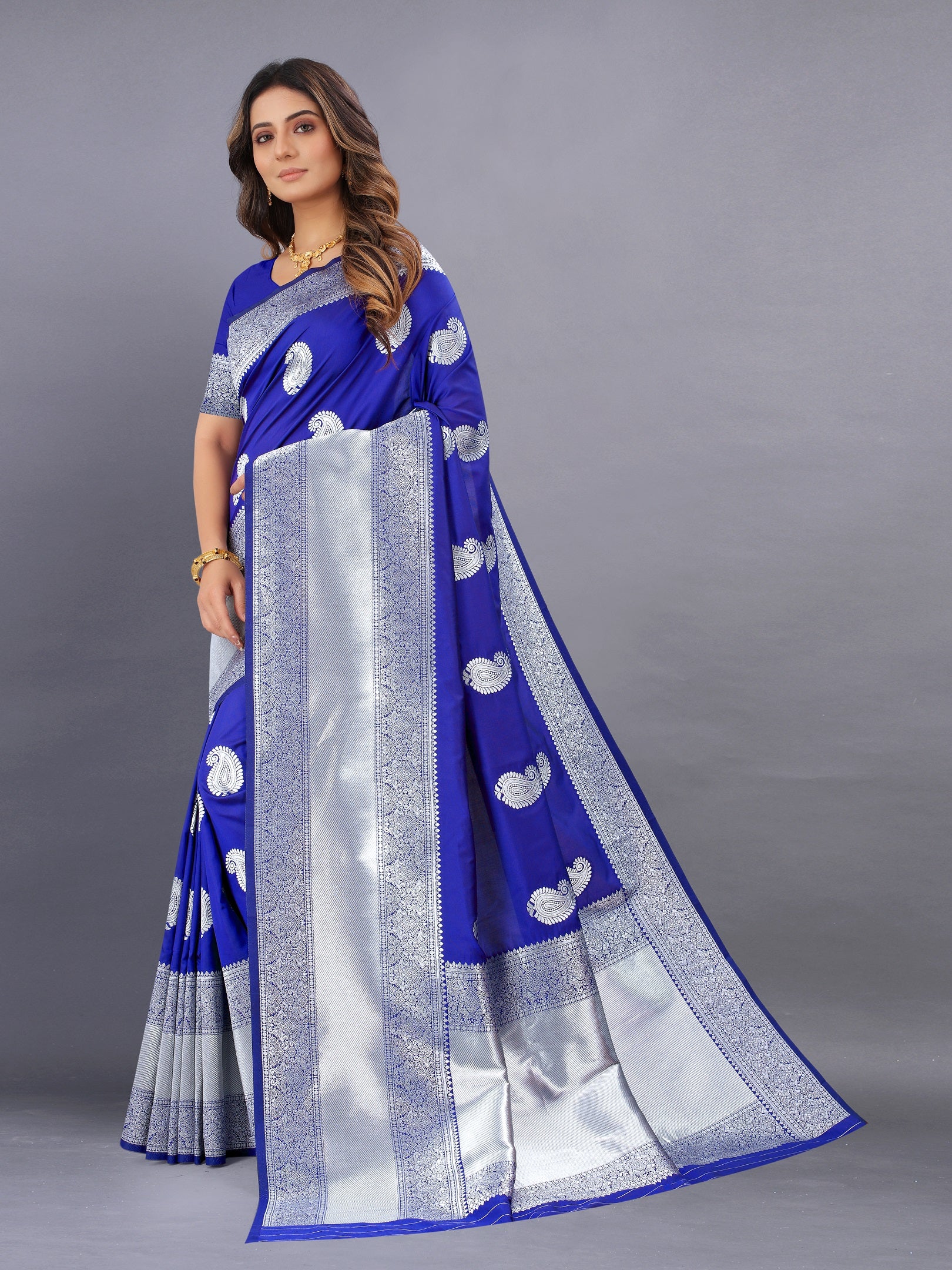 Vedant Vastram Soft Litchi Silk Banarasi Silk Saree - Royal Blue - Distacart