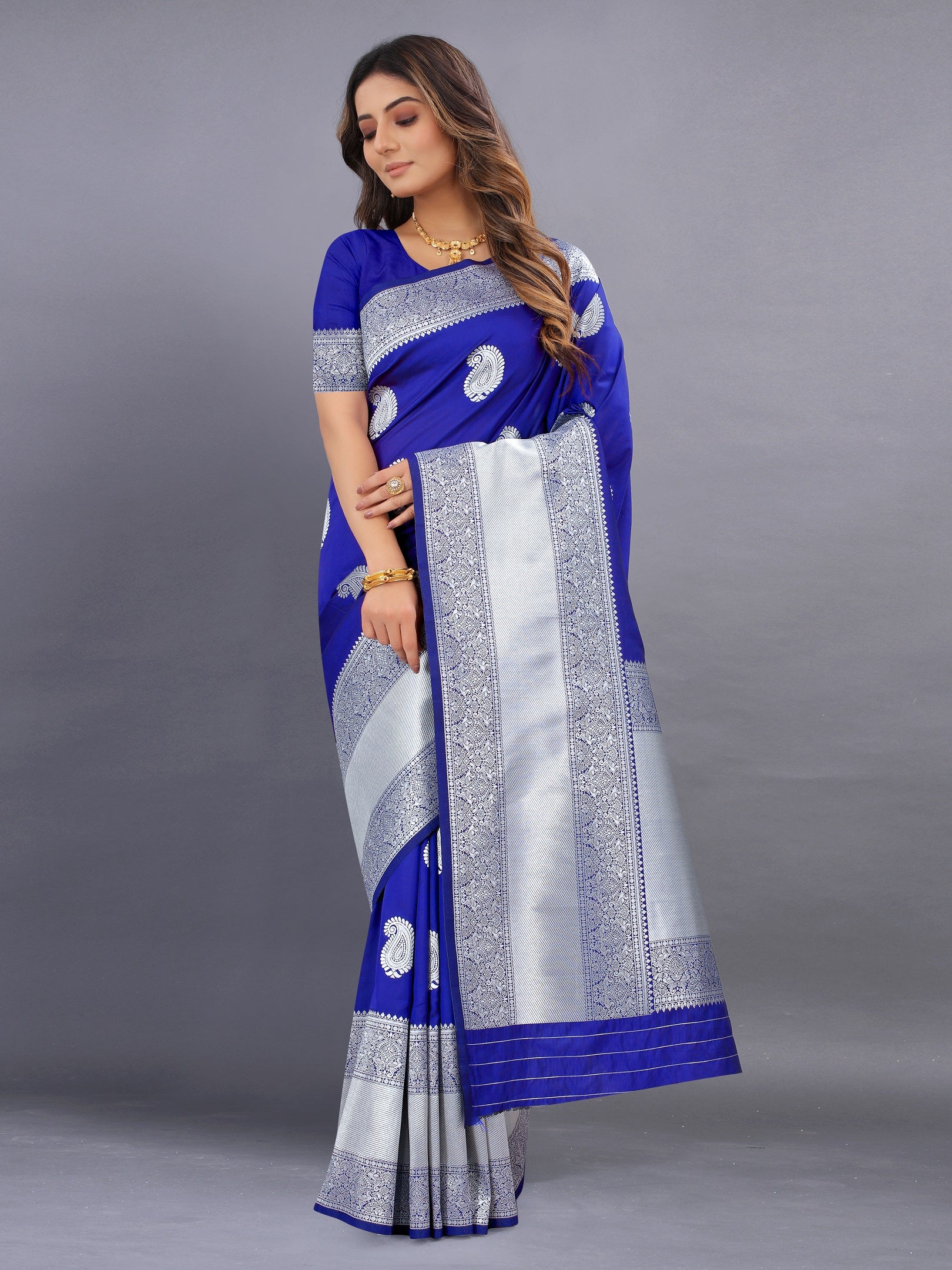 Vedant Vastram Soft Litchi Silk Banarasi Silk Saree - Royal Blue - Distacart
