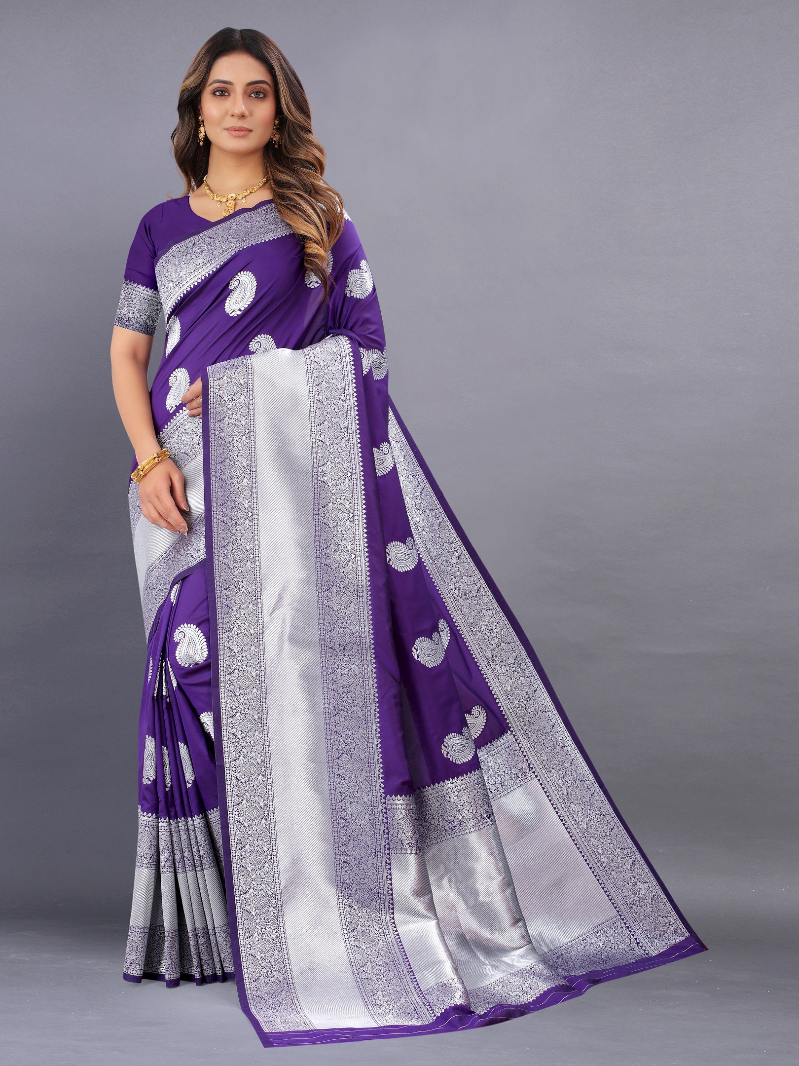 Vedant Vastram Soft Litchi Silk Banarasi Silk Saree - Violet - Distacart