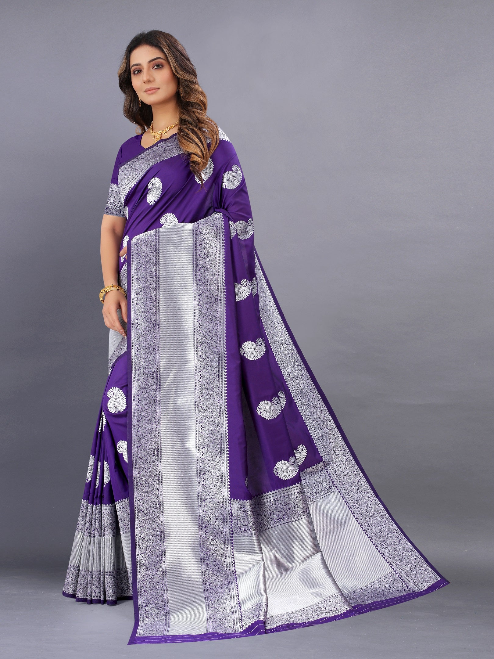 Vedant Vastram Soft Litchi Silk Banarasi Silk Saree - Violet - Distacart