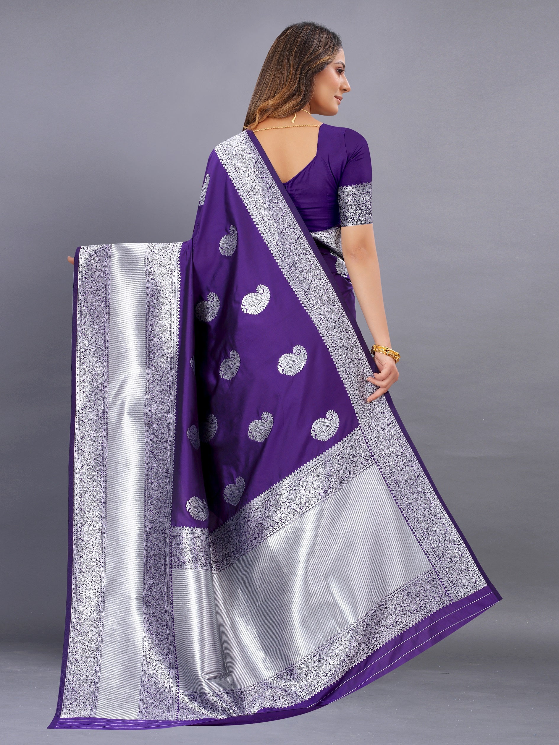 Vedant Vastram Soft Litchi Silk Banarasi Silk Saree - Violet - Distacart