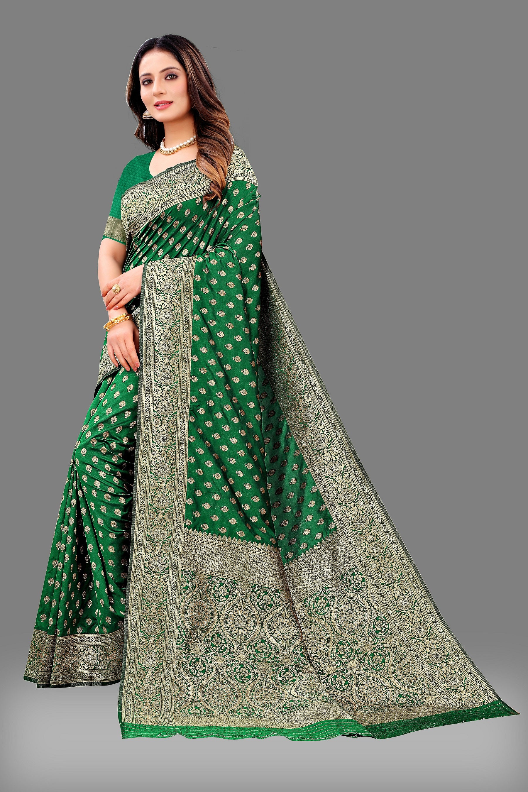 Vedant Vastram Soft Litchi Silk Banarasi Silk Saree - Green - Distacart