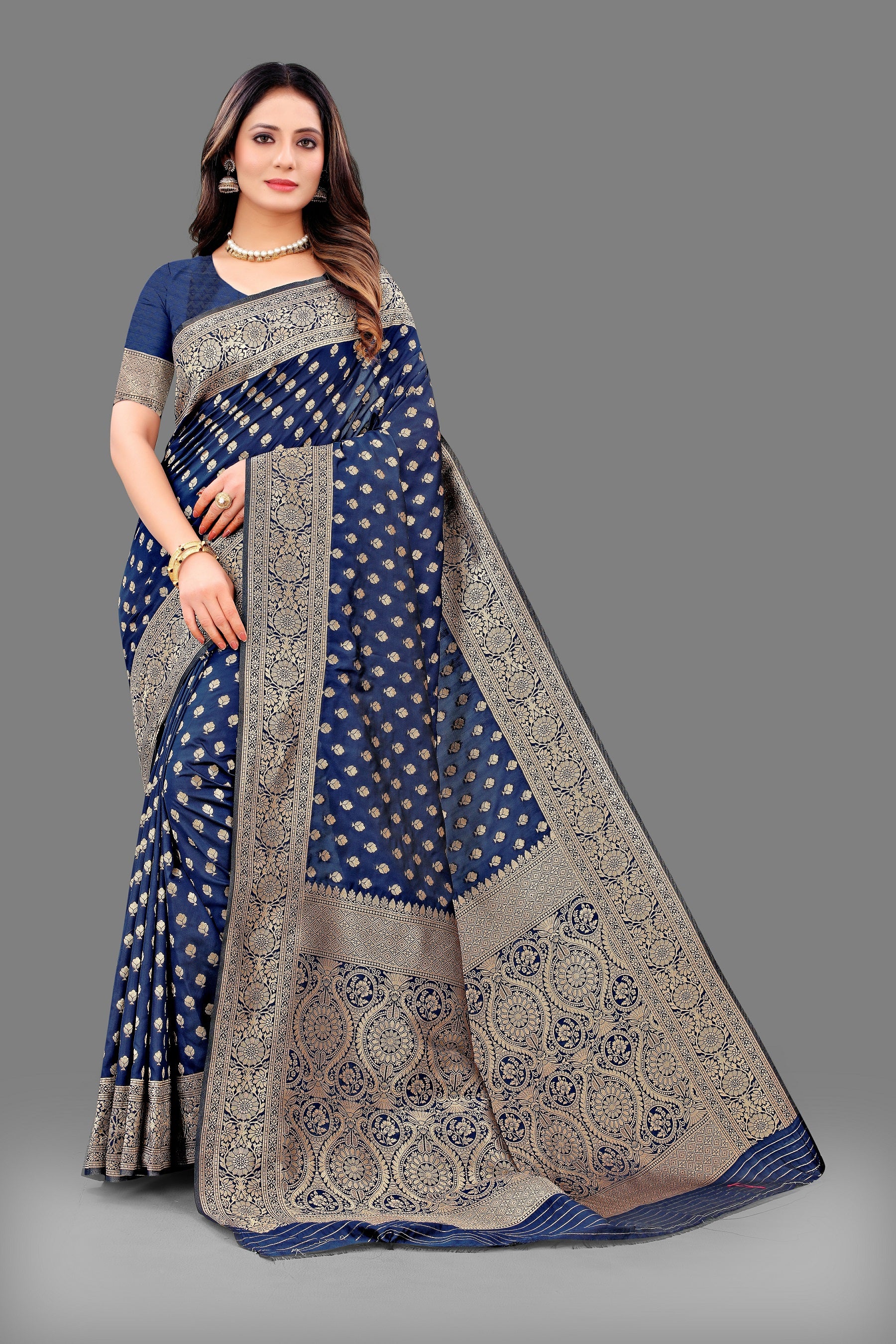 Vedant Vastram Soft Litchi Silk Banarasi Silk Saree - Navy - Distacart