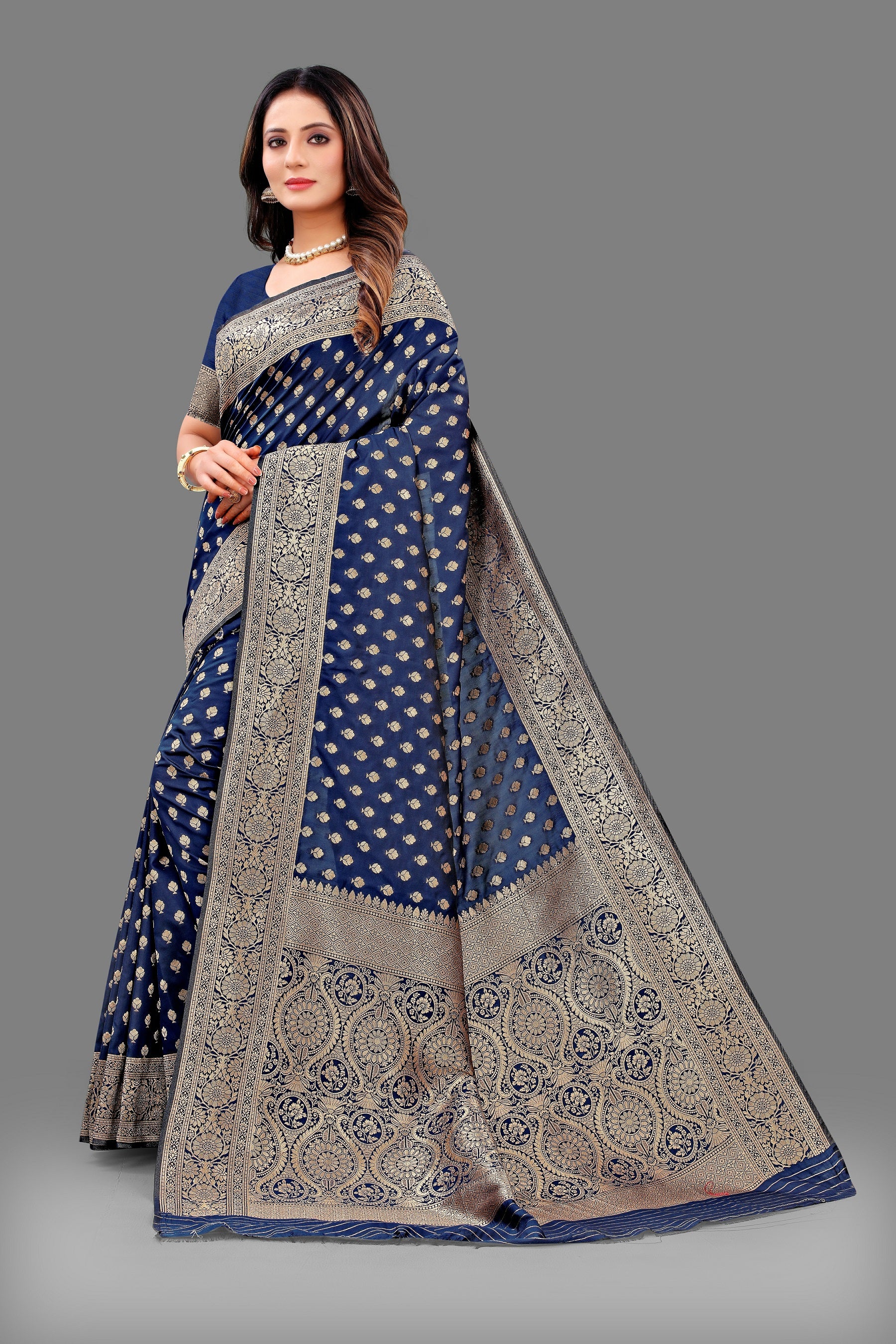 Vedant Vastram Soft Litchi Silk Banarasi Silk Saree - Navy - Distacart