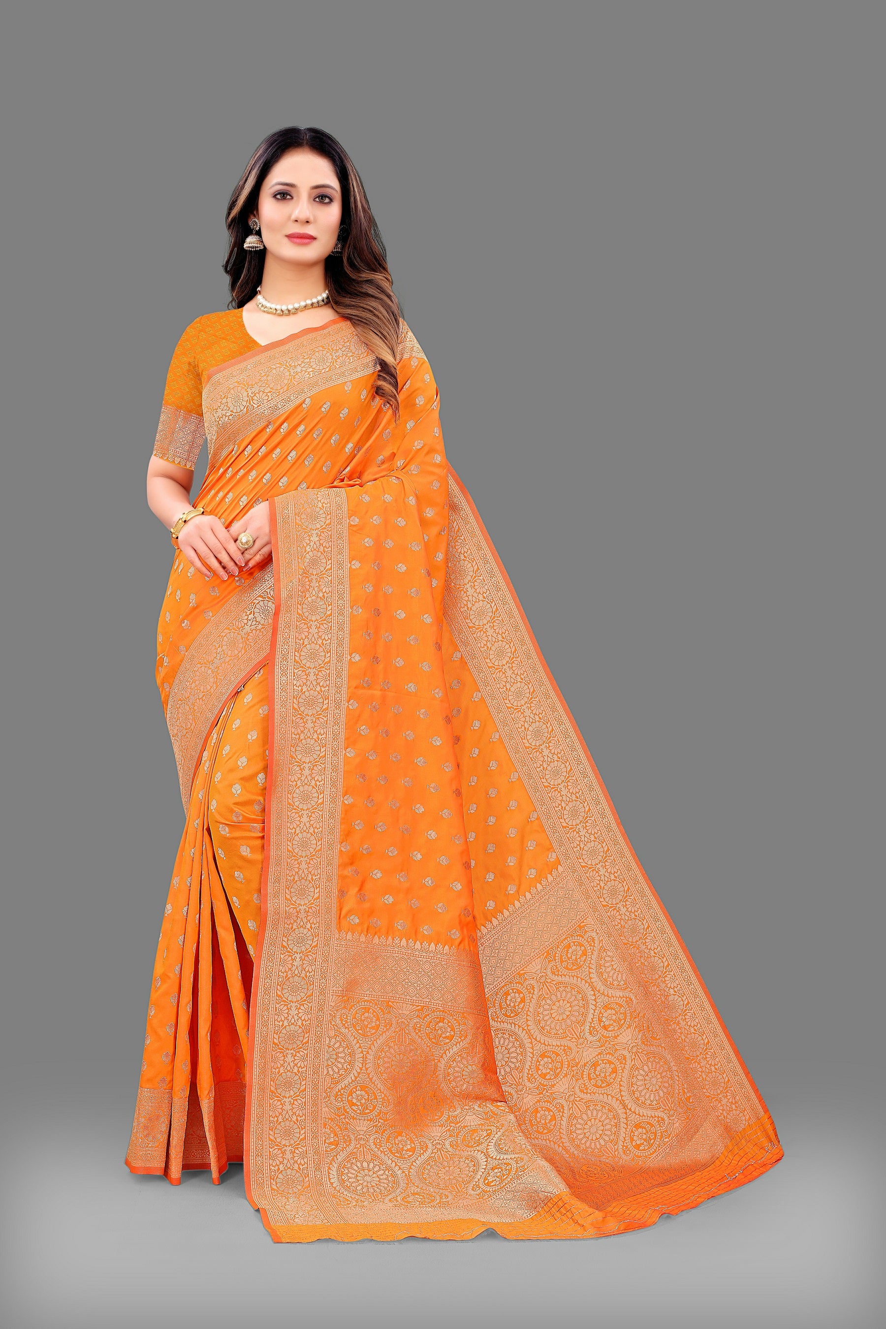 Vedant Vastram Soft Litchi Silk Banarasi Silk Saree - Orange - Distacart