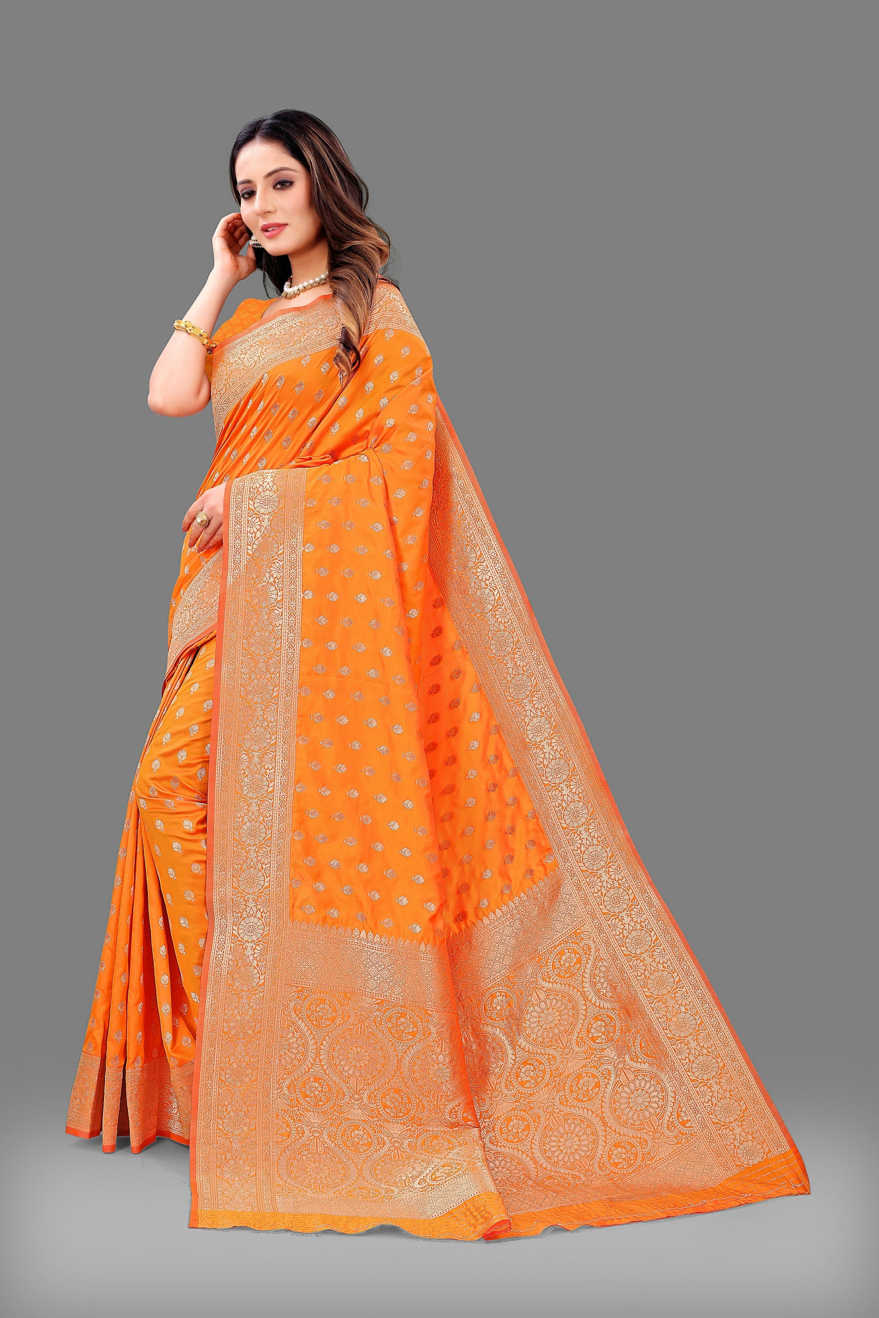 Vedant Vastram Soft Litchi Silk Banarasi Silk Saree - Orange - Distacart