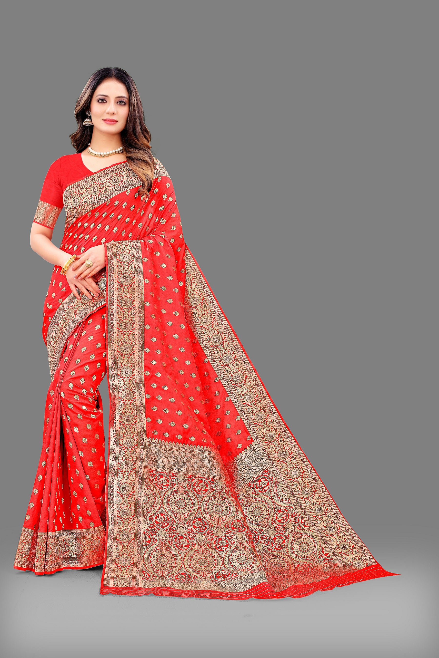 Vedant Vastram Soft Litchi Silk Banarasi Silk Saree - Red - Distacart