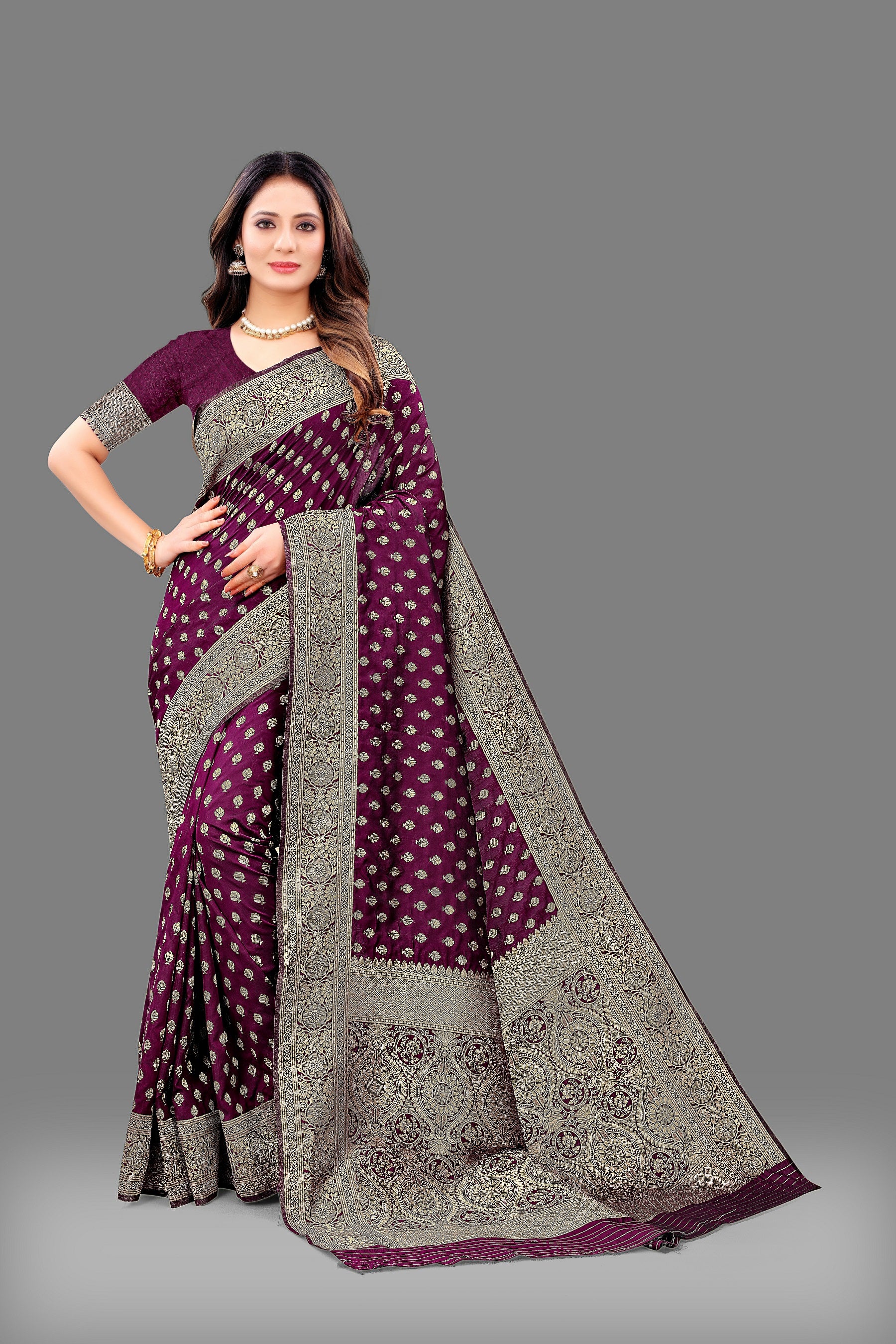Vedant Vastram Soft Litchi Silk Banarasi Silk Saree - Wine - Distacart