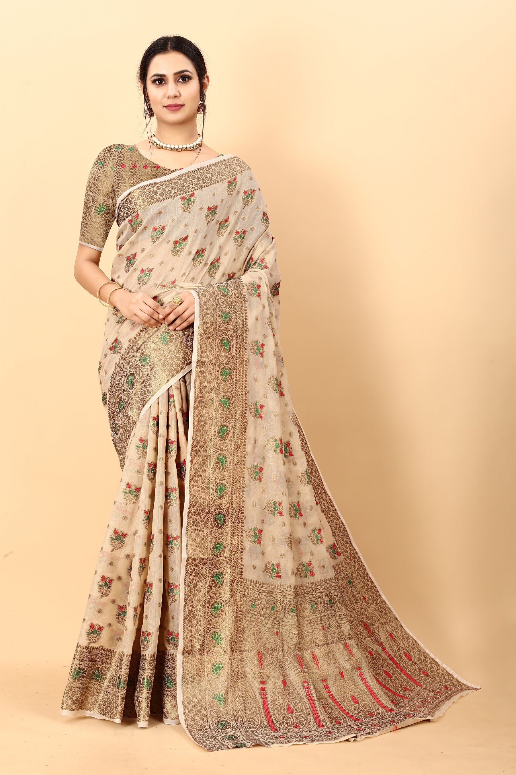 Vedant Vastram Soft Cotton Silk Kanjeevaram Saree - Beige - Distacart