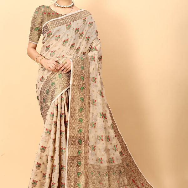Vedant Vastram Soft Cotton Silk Kanjeevaram Saree - Beige - Distacart
