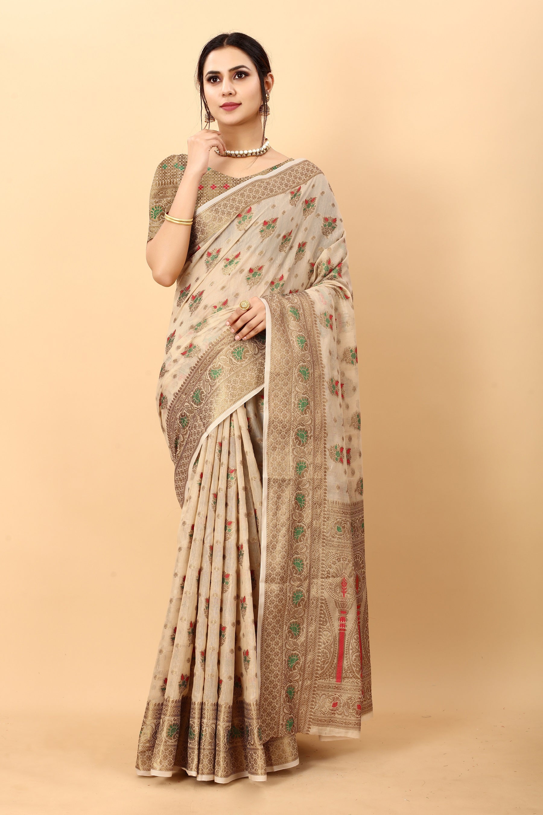 Vedant Vastram Soft Cotton Silk Kanjeevaram Saree - Beige - Distacart