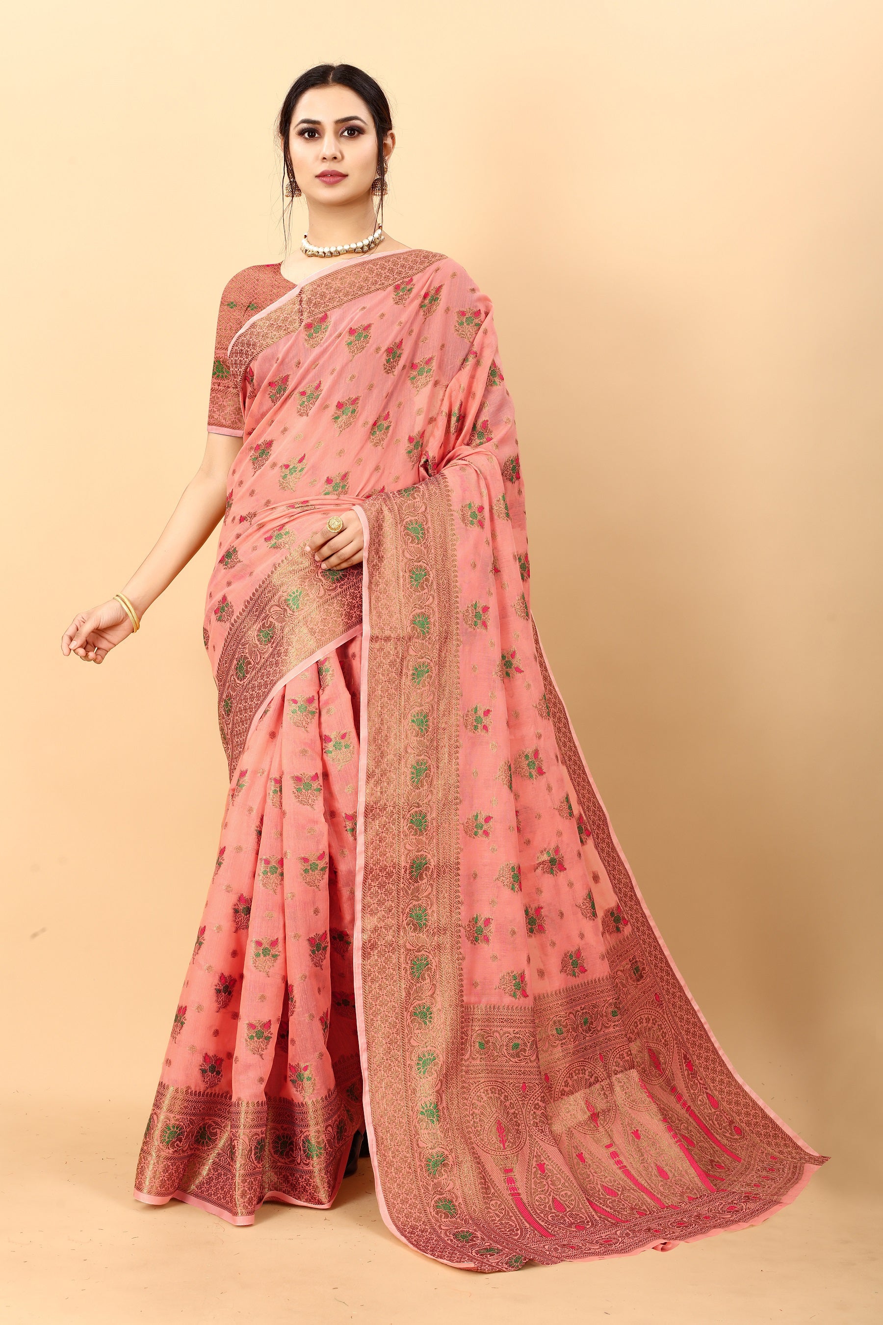 Vedant Vastram Soft Cotton Silk Kanjeevaram Saree - Peach - Distacart