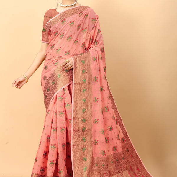 Vedant Vastram Soft Cotton Silk Kanjeevaram Saree - Peach - Distacart