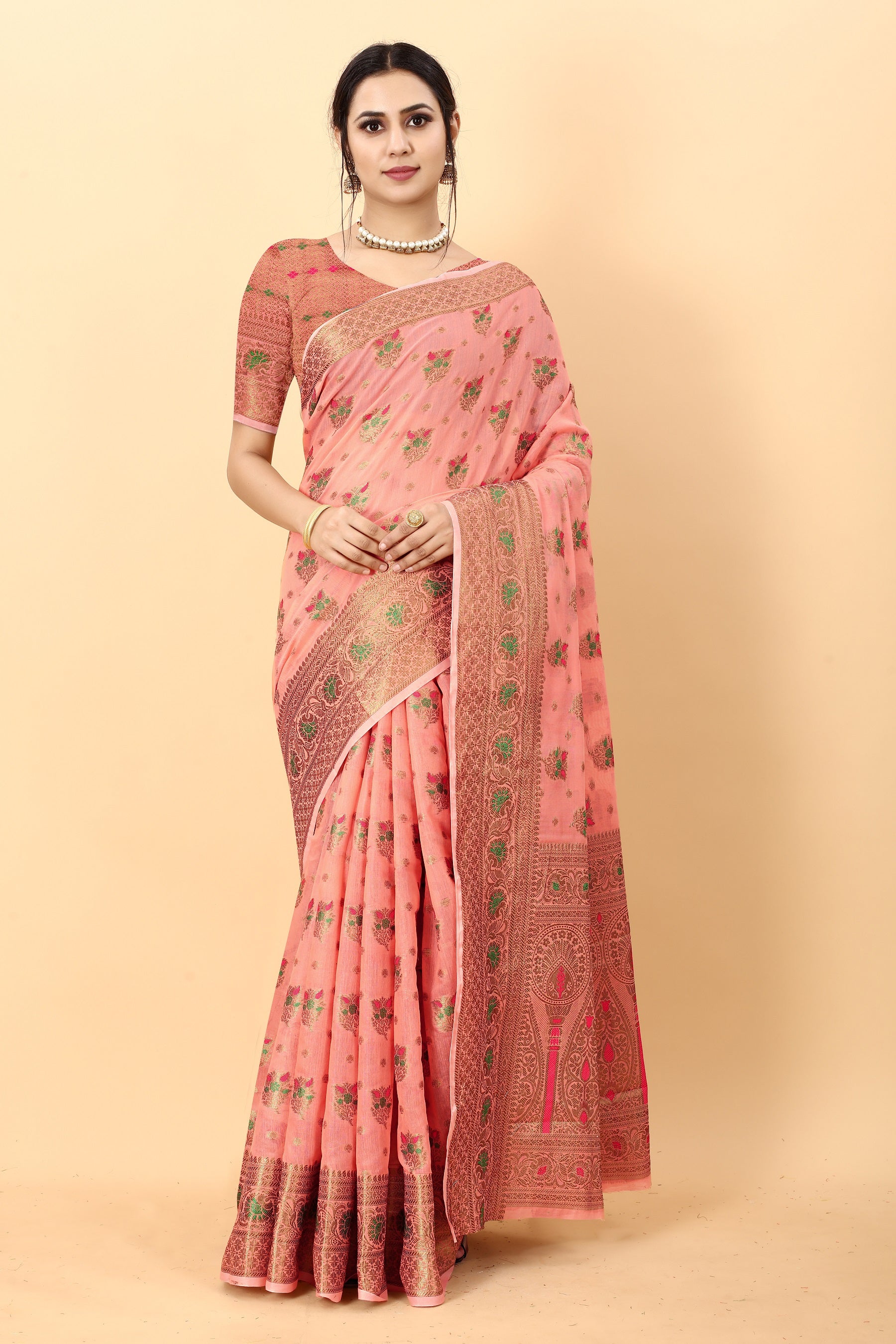 Vedant Vastram Soft Cotton Silk Kanjeevaram Saree - Peach - Distacart