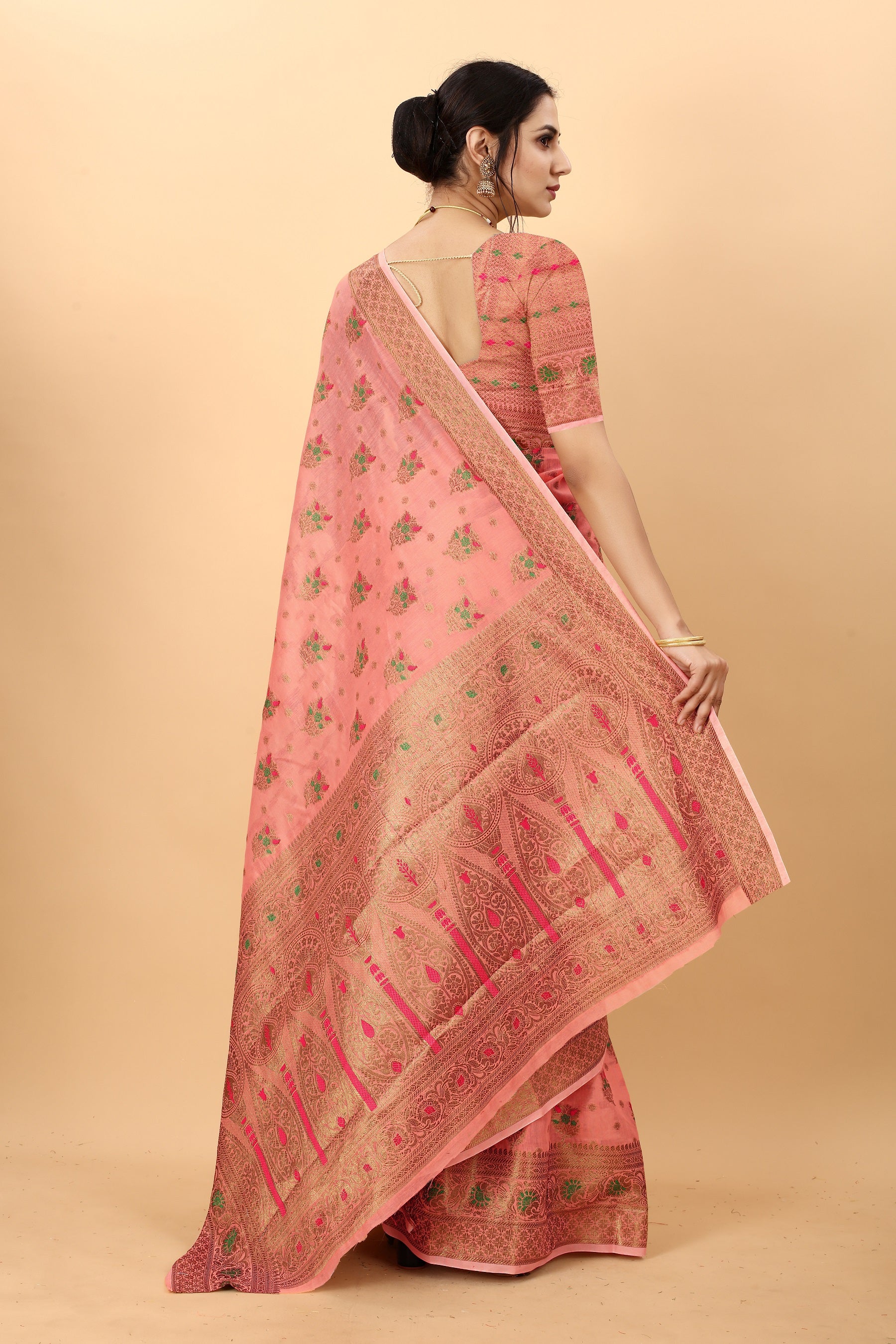 Vedant Vastram Soft Cotton Silk Kanjeevaram Saree - Peach - Distacart