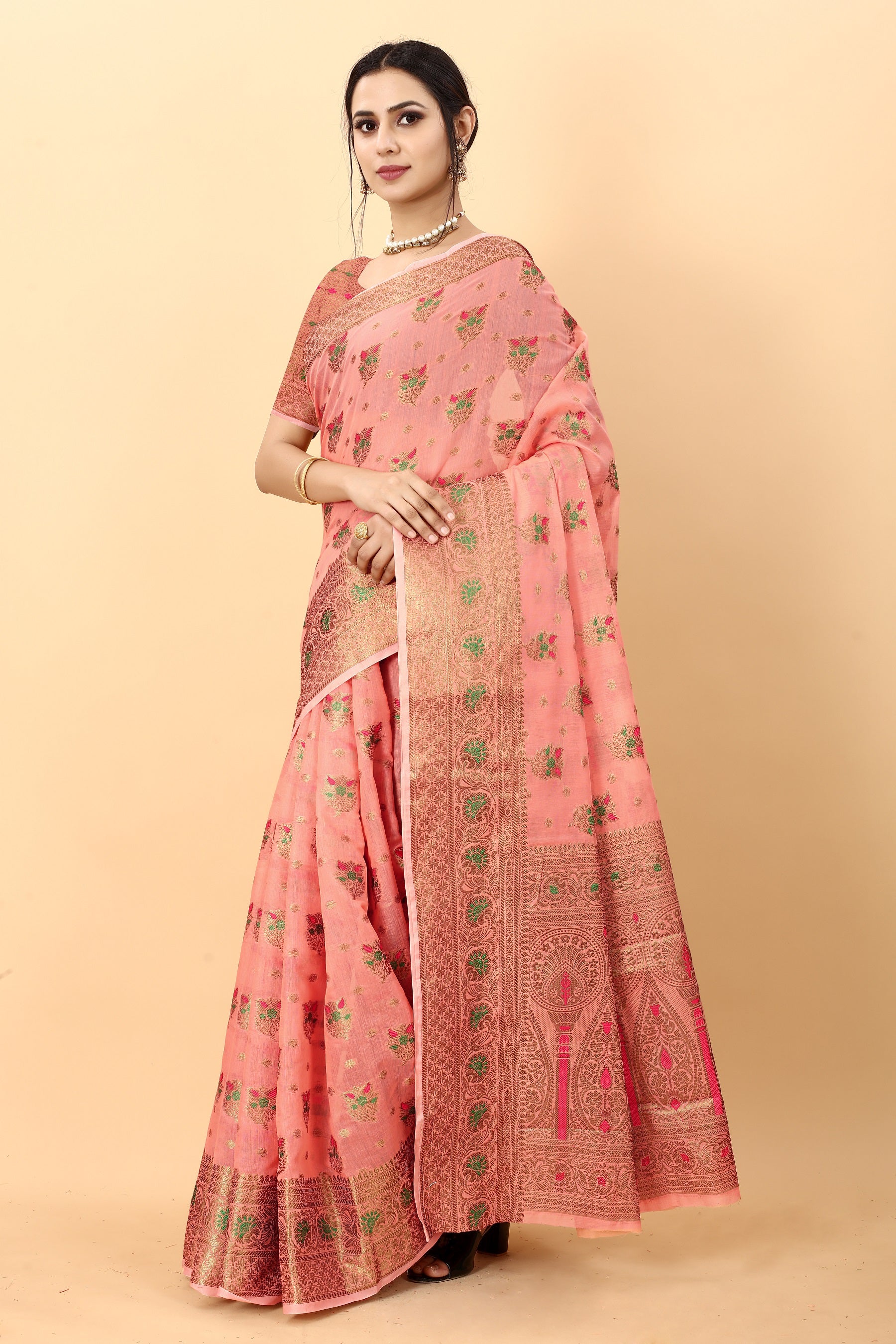Vedant Vastram Soft Cotton Silk Kanjeevaram Saree - Peach - Distacart