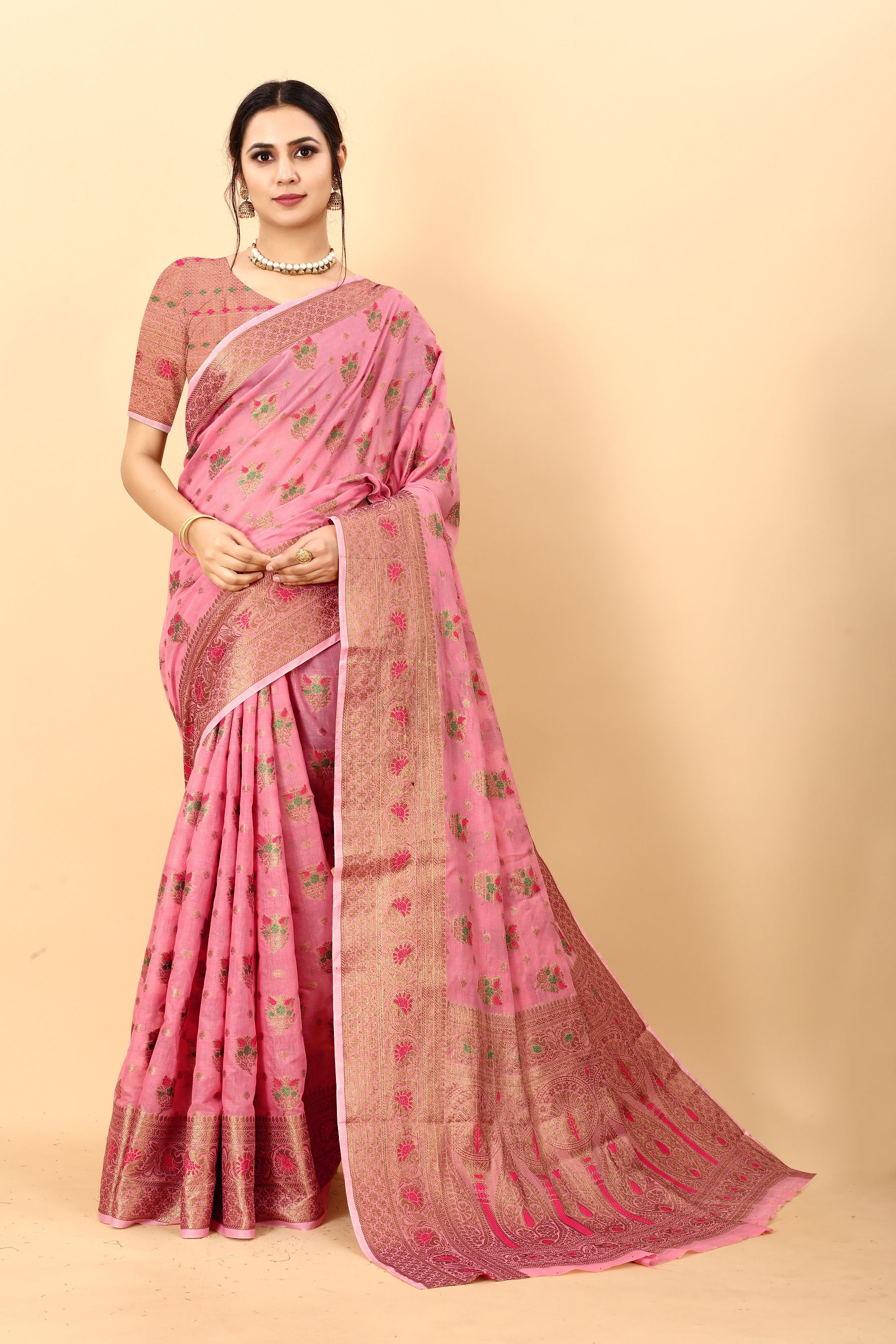 Vedant Vastram Soft Cotton Silk Kanjeevaram Saree - Pink - Distacart
