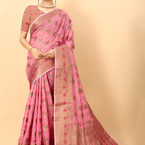 Vedant Vastram Soft Cotton Silk Kanjeevaram Saree - Pink - Distacart
