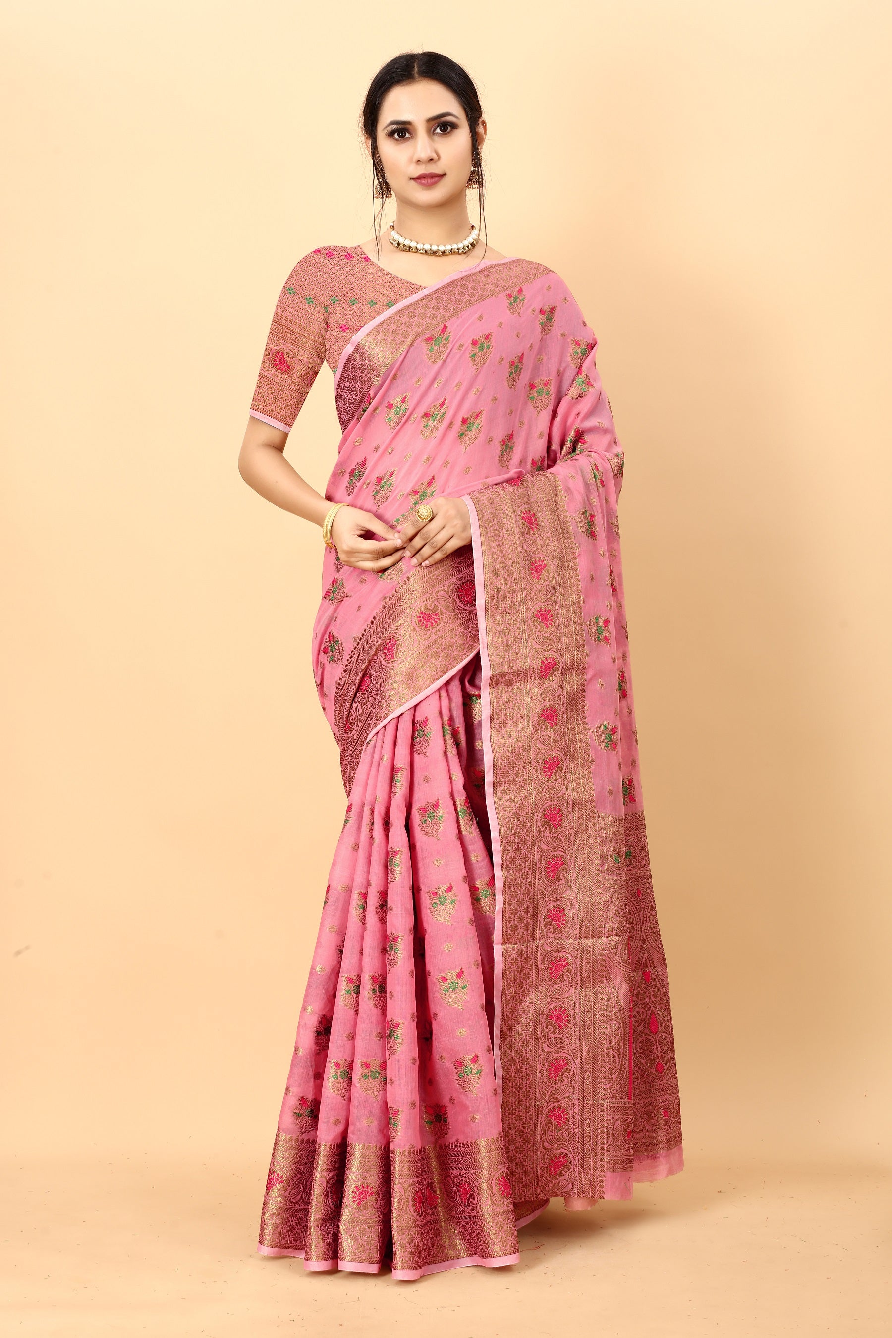 Vedant Vastram Soft Cotton Silk Kanjeevaram Saree - Pink - Distacart